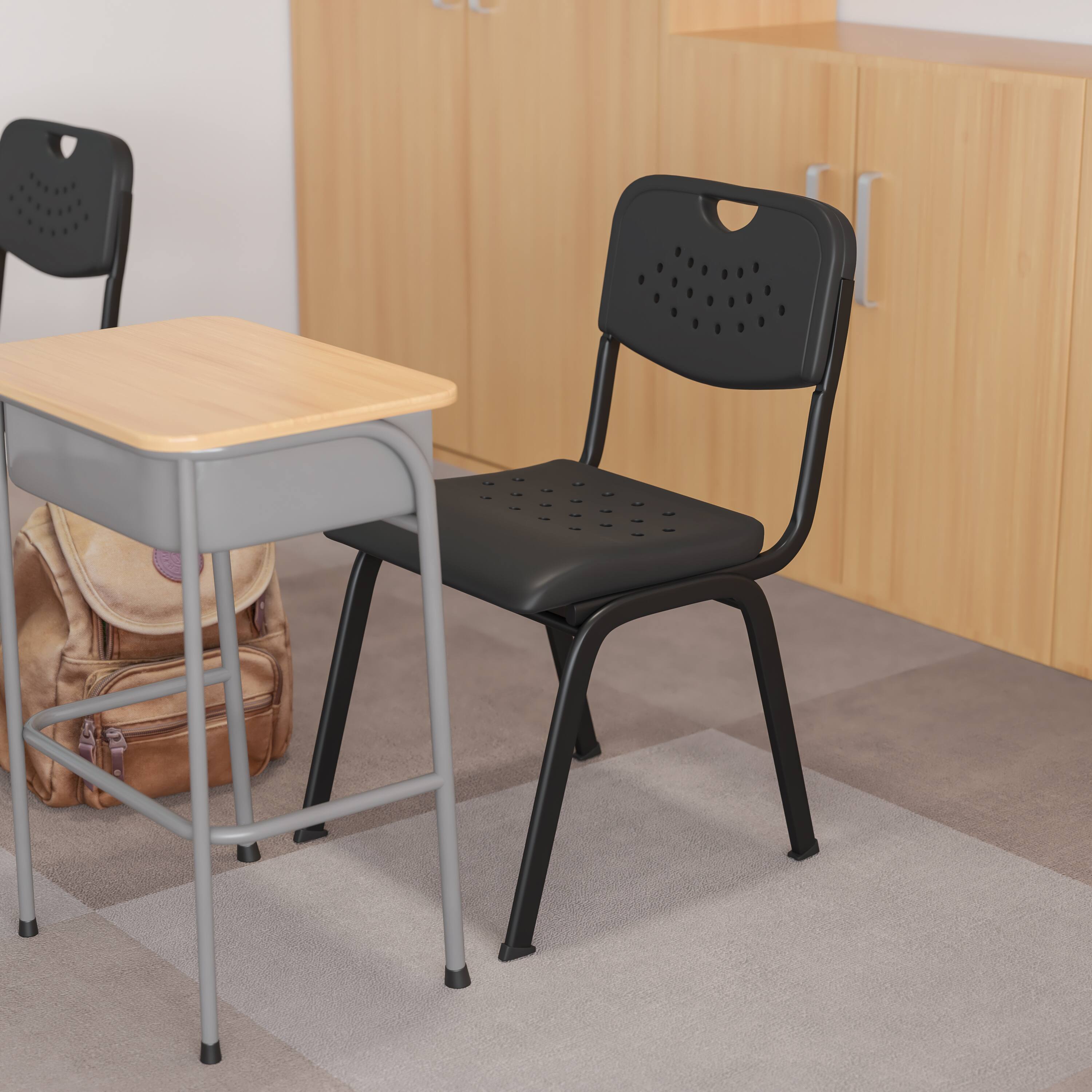 Alt View 1. Emma + Oliver - 880 lb. Capacity Plastic Stack Chair with Open Back - Black.