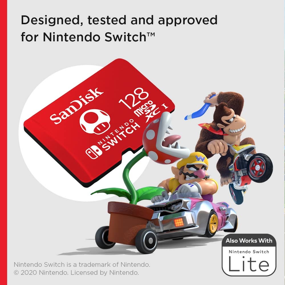 Designed, tested and approved TM for Nintendo Switch SanDisk 128 GB microSDXC 1 NINTENDO Also Works With Nintendo Switch is a trademark of Nintendo. 2020 Nintendo. Licensed by Nintendo. Nintendo Switch Lite