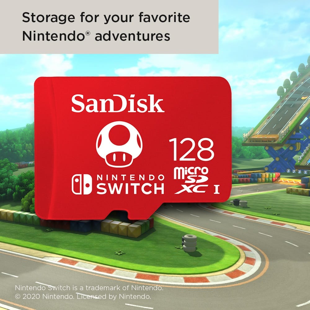 Storage for your favorite Nintendo adventures. SanDisk 128 Nintendo Micro SDXC. Nintendo Switch is a trademark of Nintendo. 2020 Nintendo. Licensed by Nintendo.