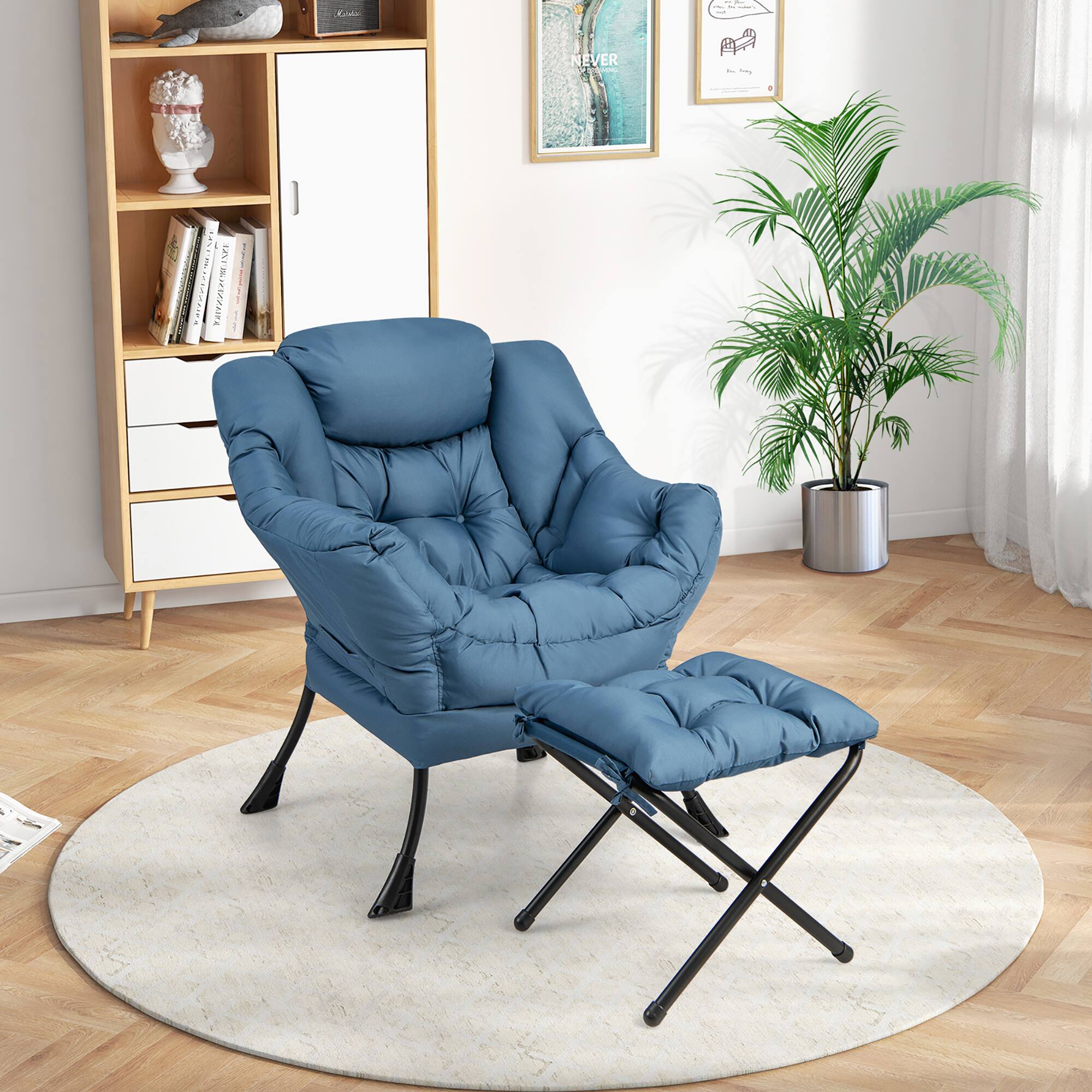 Alt View 4. Gymax - Gymax Lazy Sofa Chair Accent Leisure Armchair with Folding Footrest & Storage Pocket Blue - Blue.
