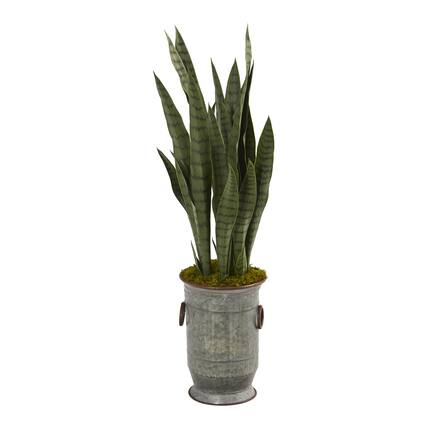 Front. BreeBe - 34" Sansevieria Artificial Plant in Vintage Metal Planter - Green.