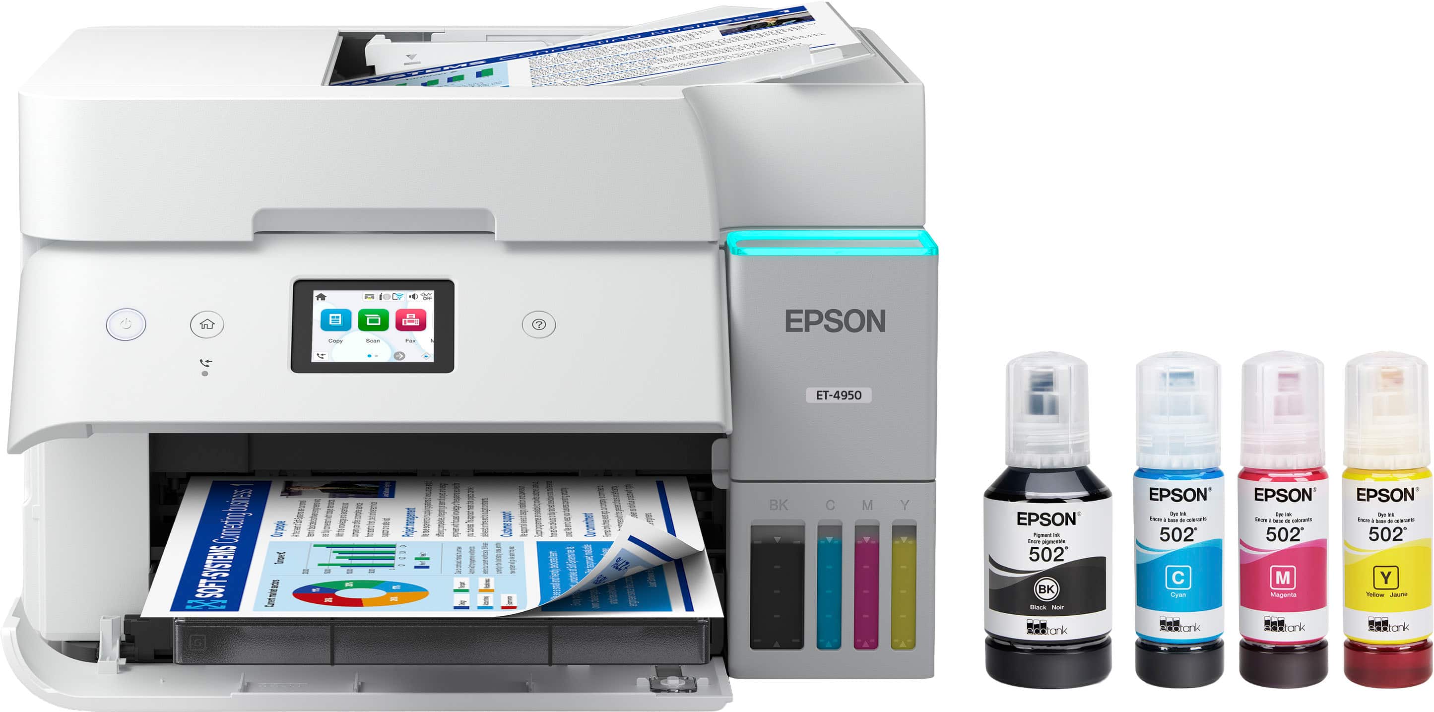 Epson ET-4950 SE printer with a variety of ink cartridges and cleaning solutions.