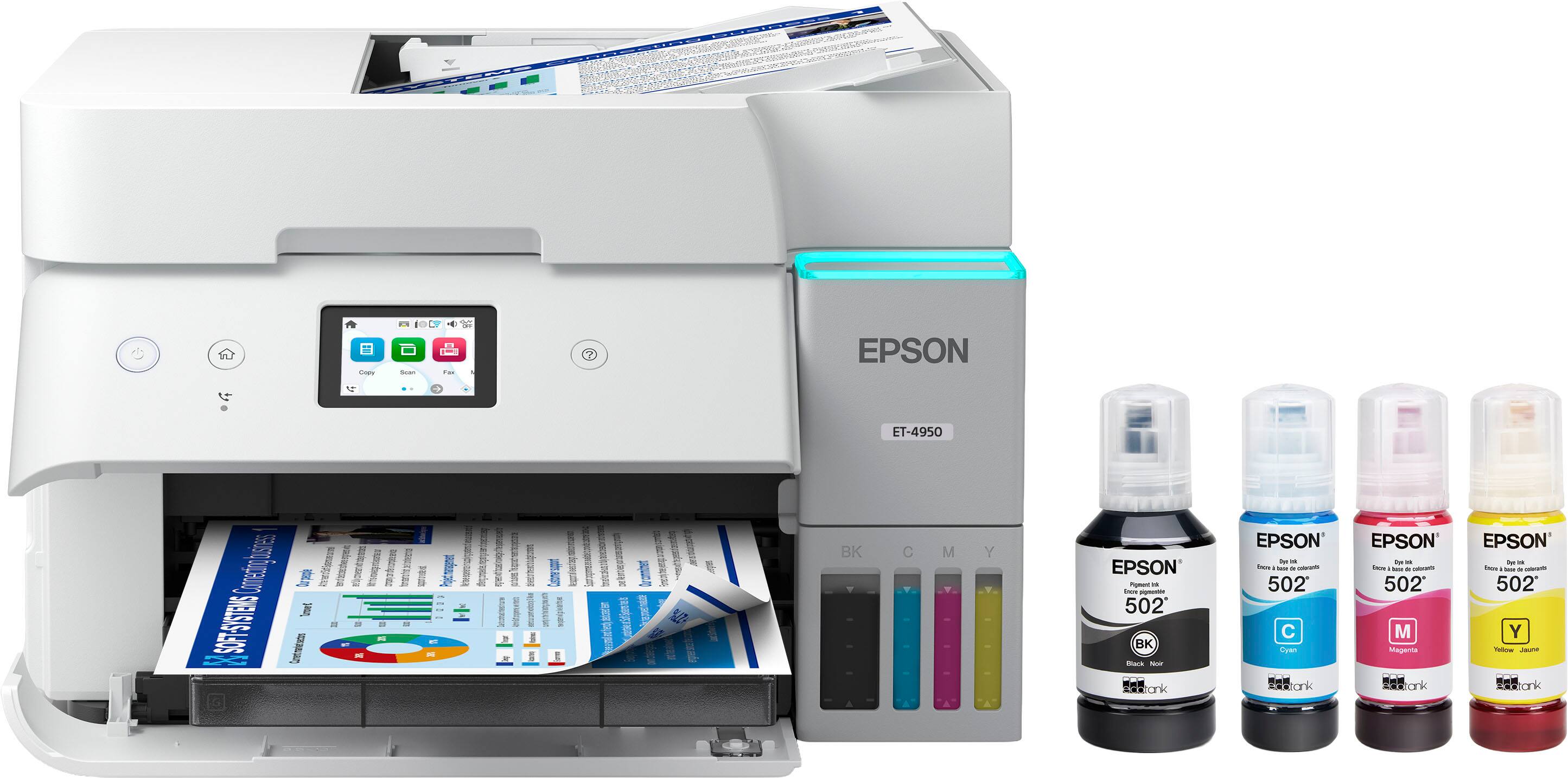 Epson ET-4950 SE printer with a variety of ink cartridges and cleaning solutions.