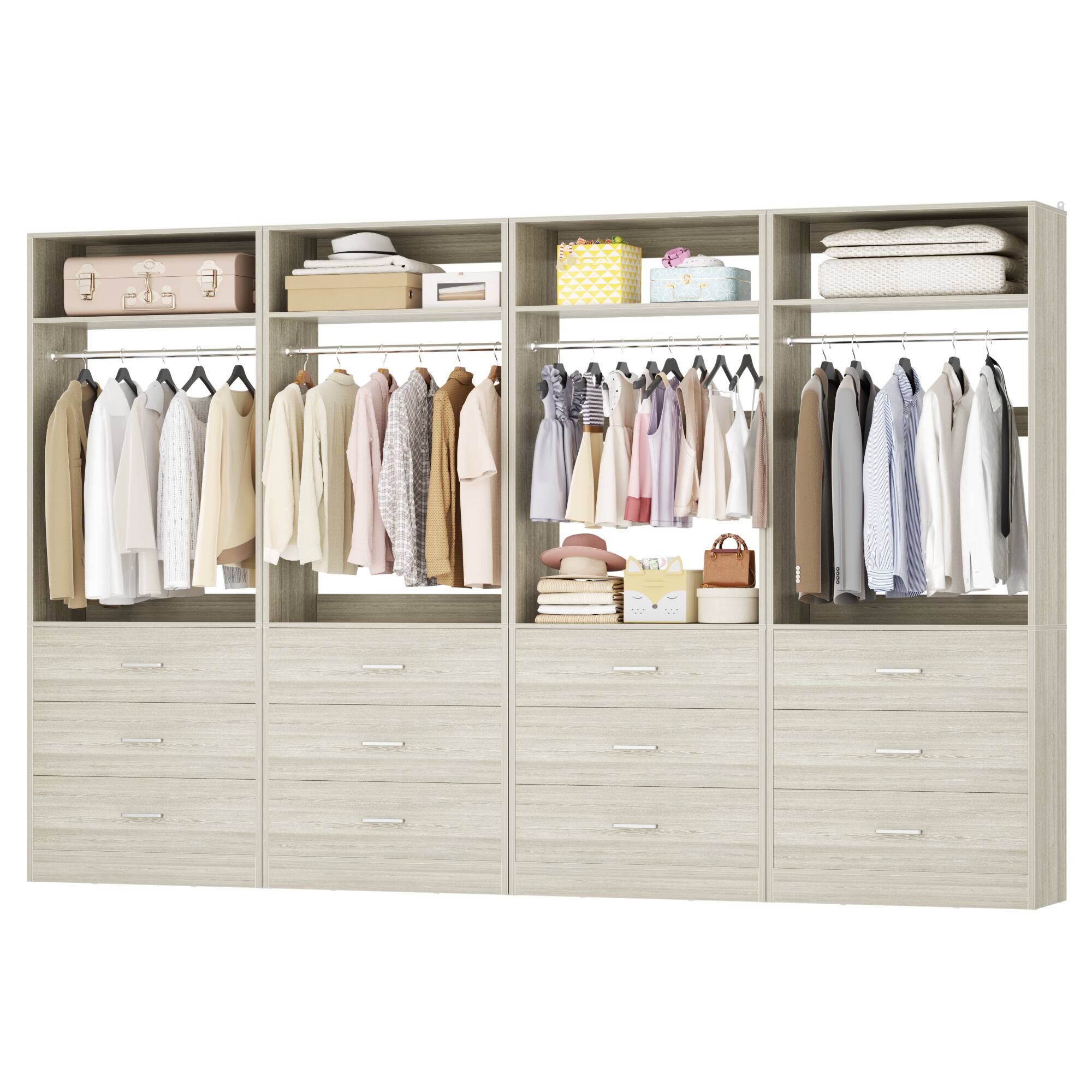Back. Aheaplus - Set of 4 Heavy Duty 96" Walk-In Closet with 12 Wood Drawers, 4 Rods & 4 Shelves - White Oak.