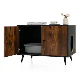 Pefilos - Industrial Cat Litter Box Enclosure with Divider and Cat-Shaped Entries, Cat Litter Box Enclosure , Hidden Cat Washroom - Brown