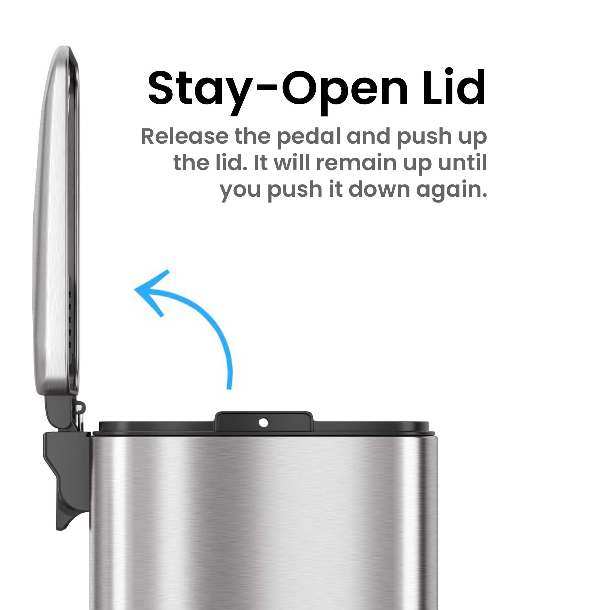 Stay-Open Lid

Release the pedal and push up the lid. It will remain up until you push it down again.