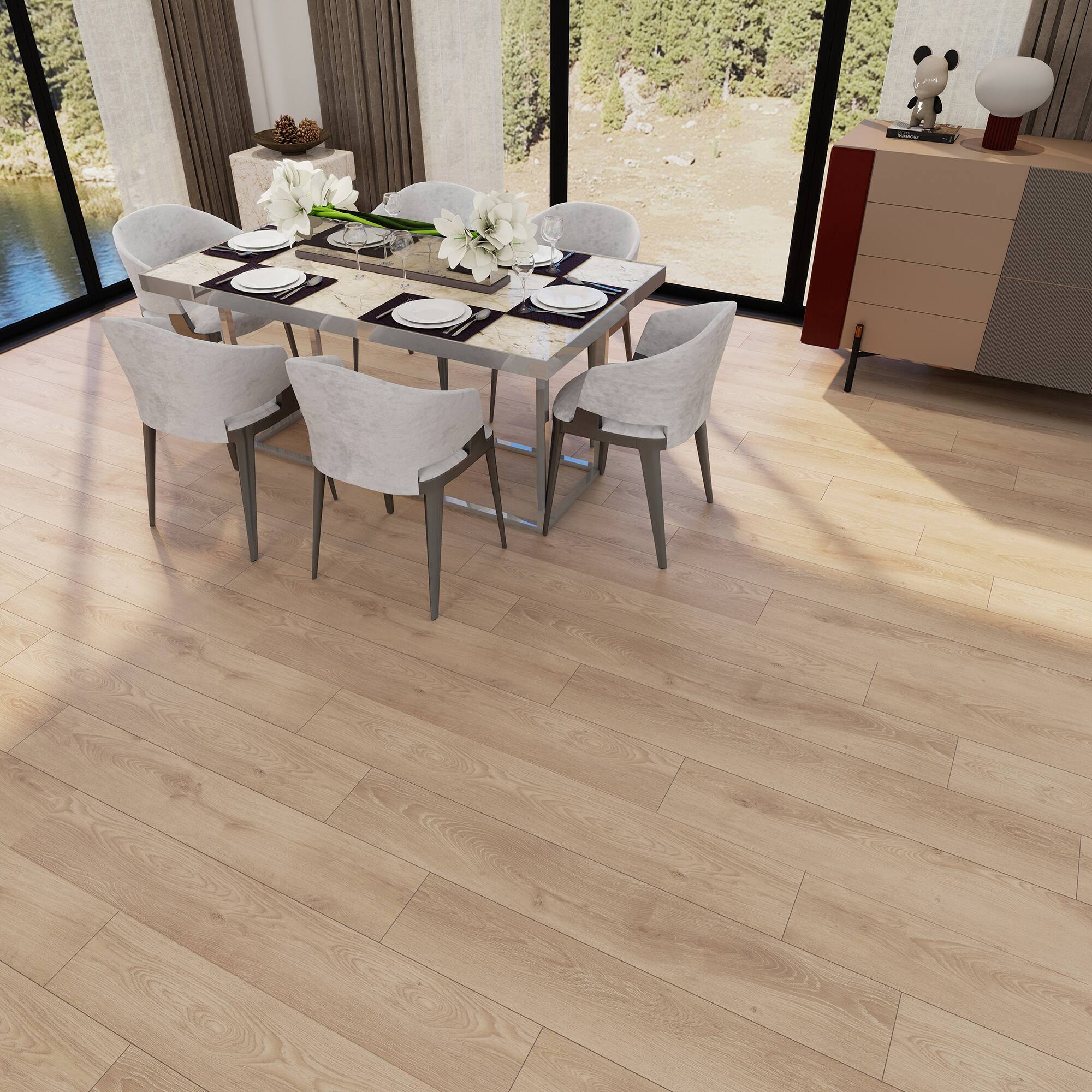 Left. Dotfloor - Superoak SEKET Laminate Flooring - 48"x7.7" Planks, 8 Planks/Box (20.56 sq ft/Box), 12mm Thick, AC4 Wear Rating - Natural Clean.