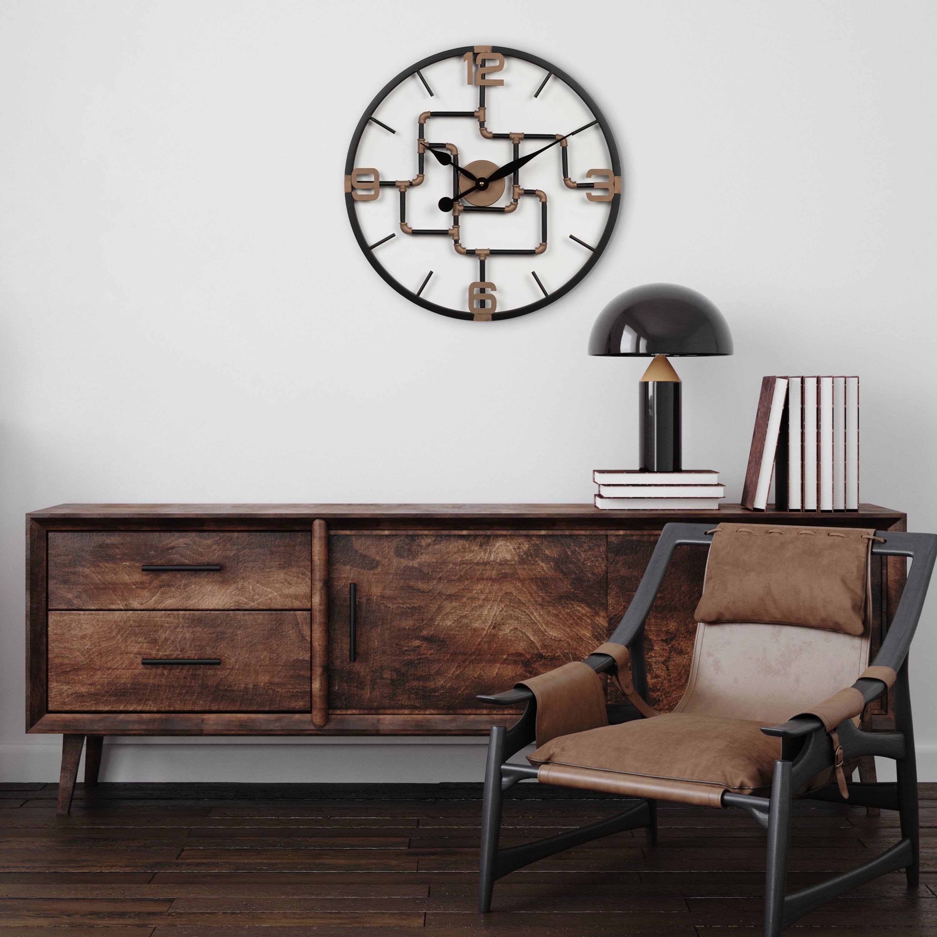 Alt View 2. La Crosse Clock Co. - 20 Inch Pipeworks Metal Analog Quartz Wall Clock - Black/Antique Brass.