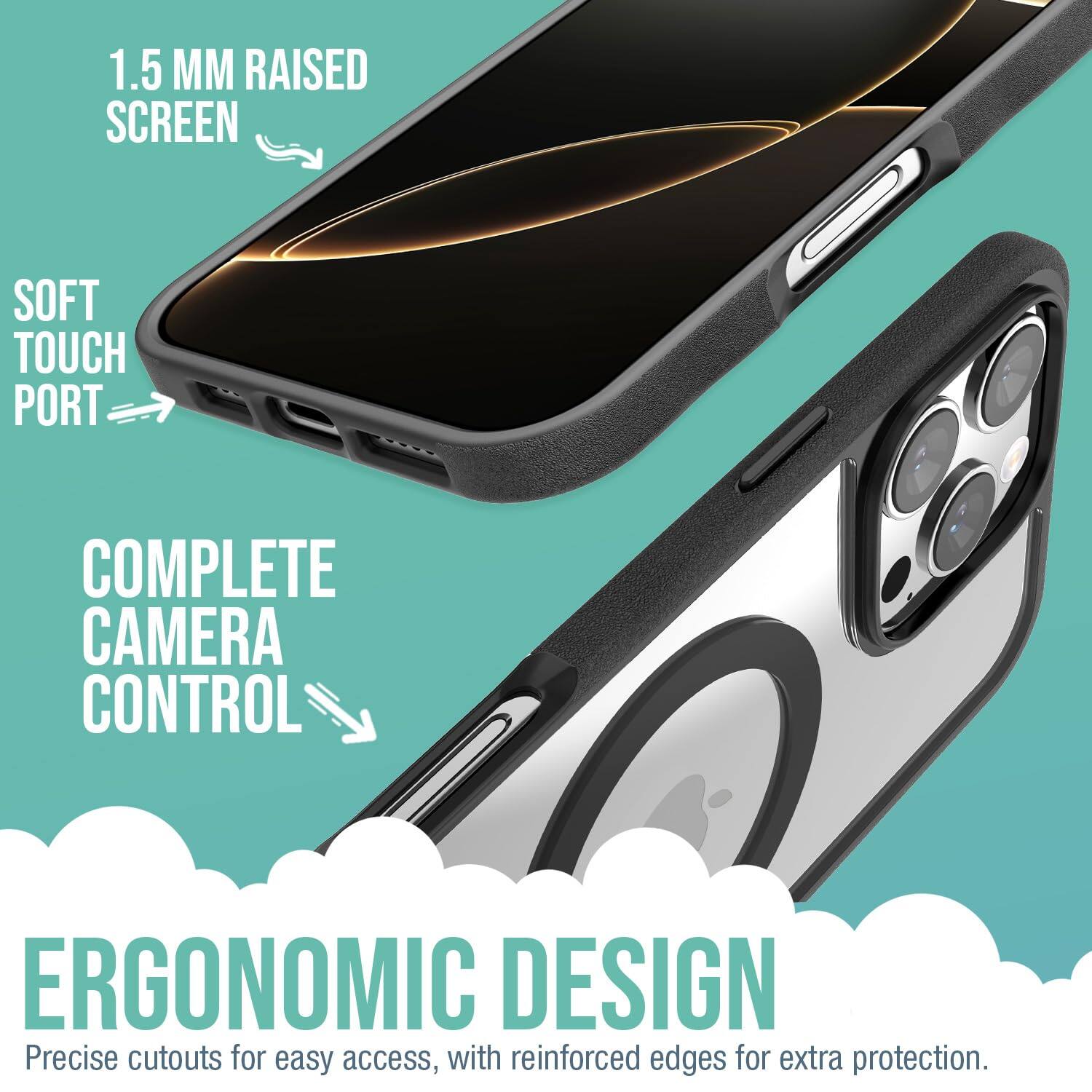 1.5 MM RAISED SCREEN  
SOFT TOUCH PORT  
COMPLETE CAMERA CONTROL  
ERGONOMIC DESIGN  

Precise cutouts for easy access, with reinforced edges for extra protection.
