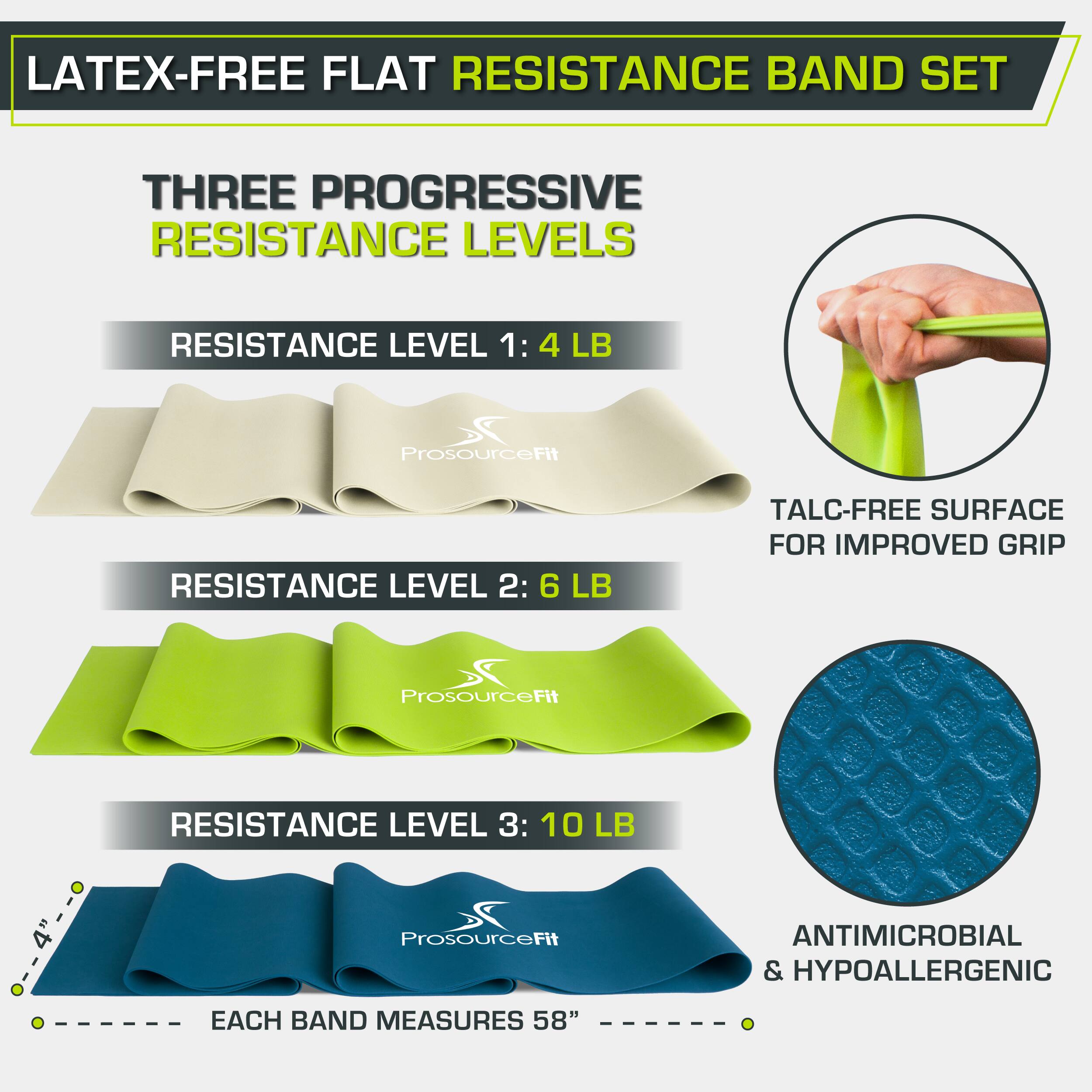 LATEX-FREE FLAT RESISTANCE BAND SET

THREE PROGRESSIVE RESISTANCE LEVELS

RESISTANCE LEVEL 1: 4 LB

RESISTANCE LEVEL 2: 6 LB

RESISTANCE LEVEL 3: 10 LB

TALC-FREE SURFACE FOR IMPROVED GRIP

ANTIMICROBIAL & HYPOALLERGENIC

EACH BAND MEASURES 58"