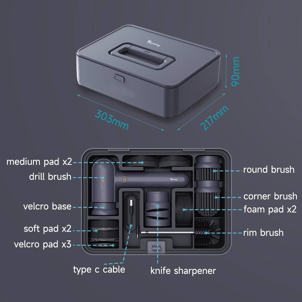 - Dimensions: 303mm x 90mm x 217mm
- Medium pad x2
- Drill brush
- Velcro base
- Soft pad x2
- Velcro pad x3
- Round brush
- Corner brush
- Foam pad x2
- Rim brush
- Type C cable
- Knife sharpener