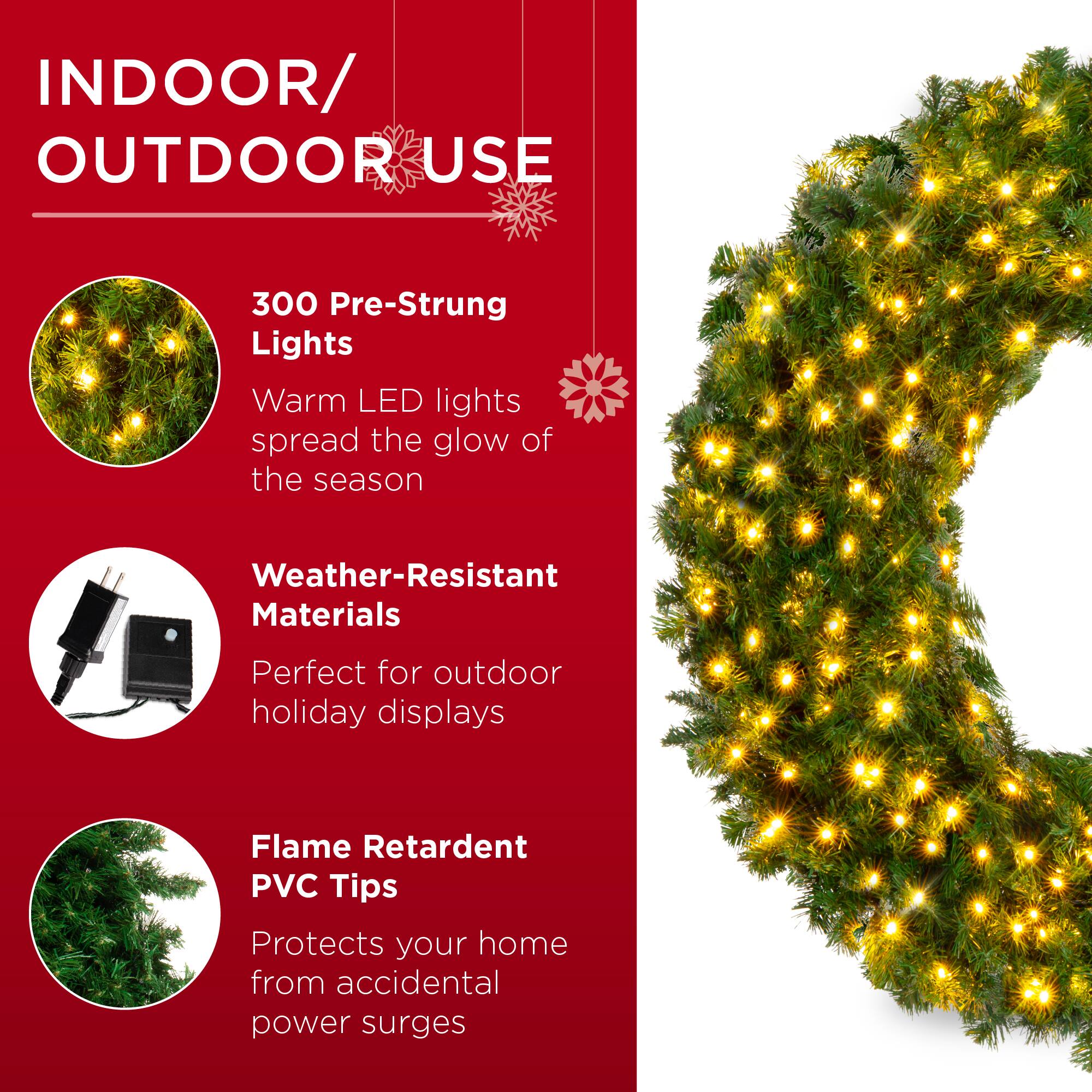 INDOOR/OUTDOOR USE

300 Pre-Strung Lights  
Warm LED lights spread the glow of the season

Weather-Resistant Materials  
Perfect for outdoor holiday displays

Flame Retardant PVC Tips  
Protects your home from accidental power surges