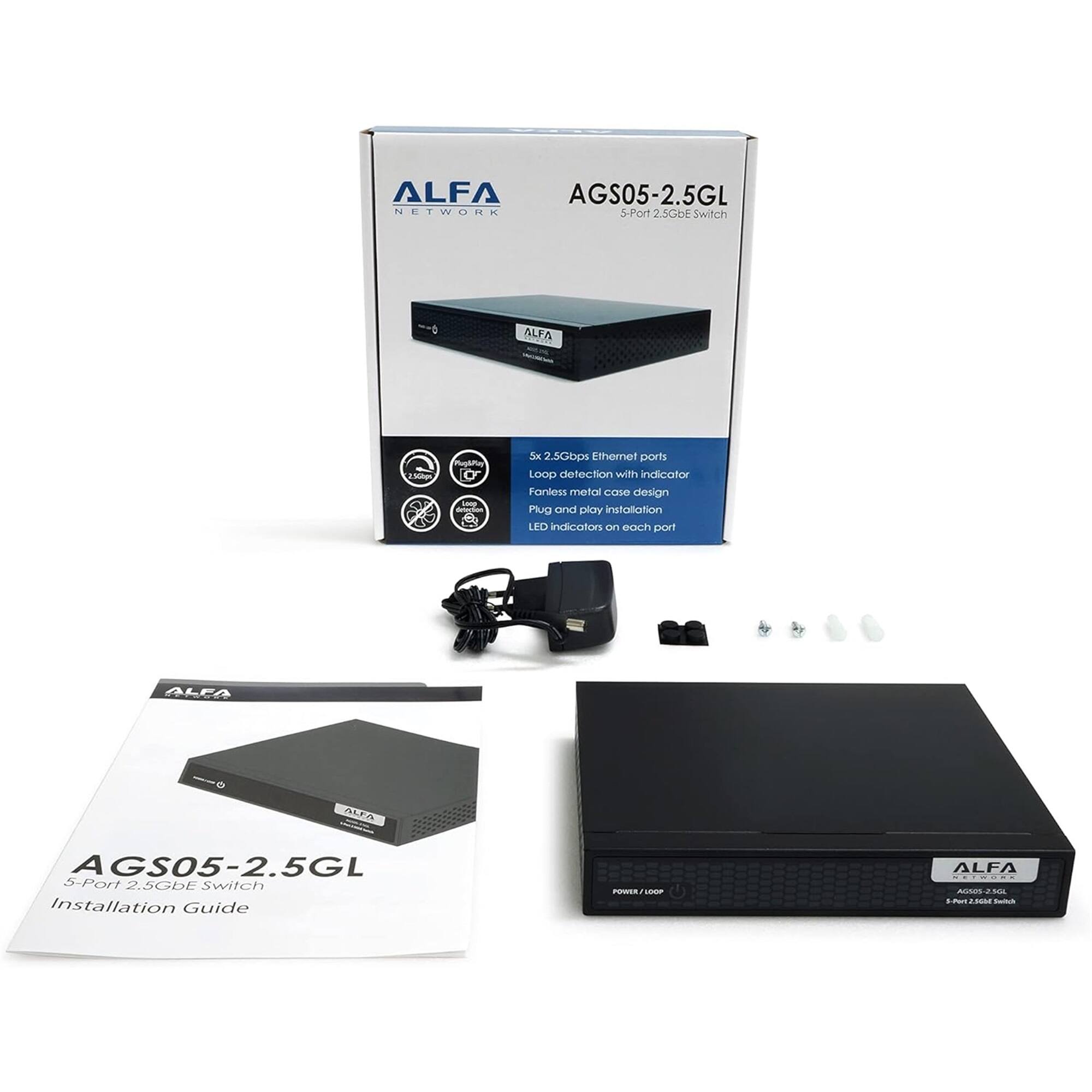 ALFA AGS05-2.5GL NETWORK 5-Port 2.5GbE Switch
5x 2.5Gbps Ethernet ports
LOOP detection with indicator
Fanless metal case design
Plug and Play installation
LED indication on each port
ALFA AGS05-2.5GL 5-Port 2.5GbE Switch Installation Guide
POWER