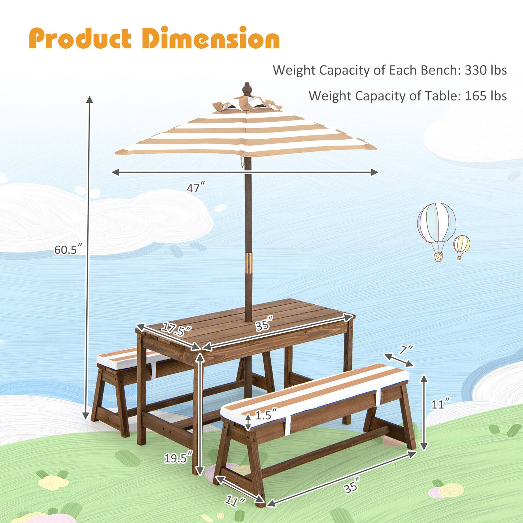 Product Dimension  
Weight Capacity of Each Bench: 330 lbs  
Weight Capacity of Table: 165 lbs  

47"  
60.5"  
17.5"  
35"  
7"  
1.5"  
11"  
19.5"  
11"  
35"