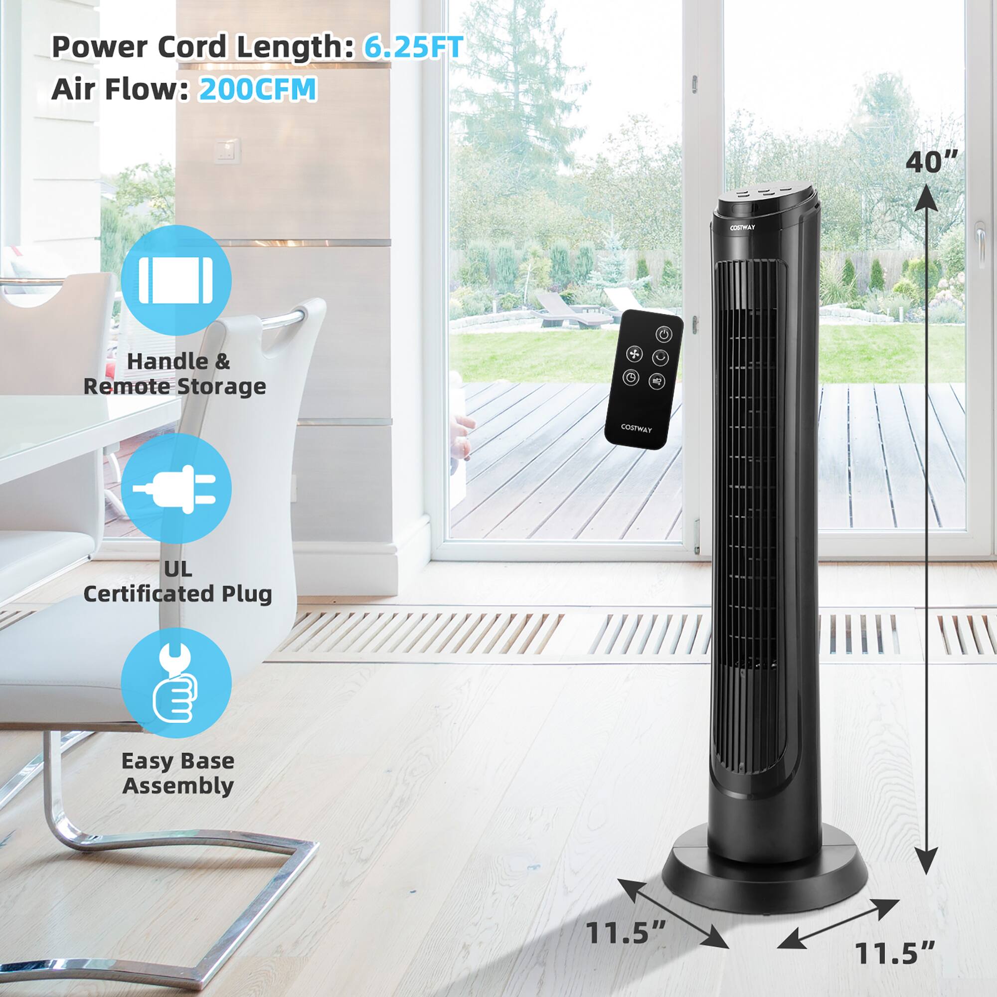 The image features a small portable air conditioner with a remote control. The air conditioner has a power cord length of 6.25 feet and an air flow of 200 CFM. It is also UL certified and has a handle for easy transportation. The remote control is shown in the image, and the air conditioner is designed for easy base assembly. The dimensions of the air conditioner are 11.5 inches by 11.5 inches.