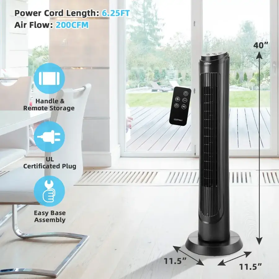 The image features a small portable air conditioner with a remote control. The air conditioner has a power cord length of 6.25 feet and an air flow of 200 CFM. It is also UL certified and has a handle for easy transportation. The remote control is shown in the image, and the air conditioner is designed for easy base assembly. The dimensions of the air conditioner are 11.5 inches by 11.5 inches.