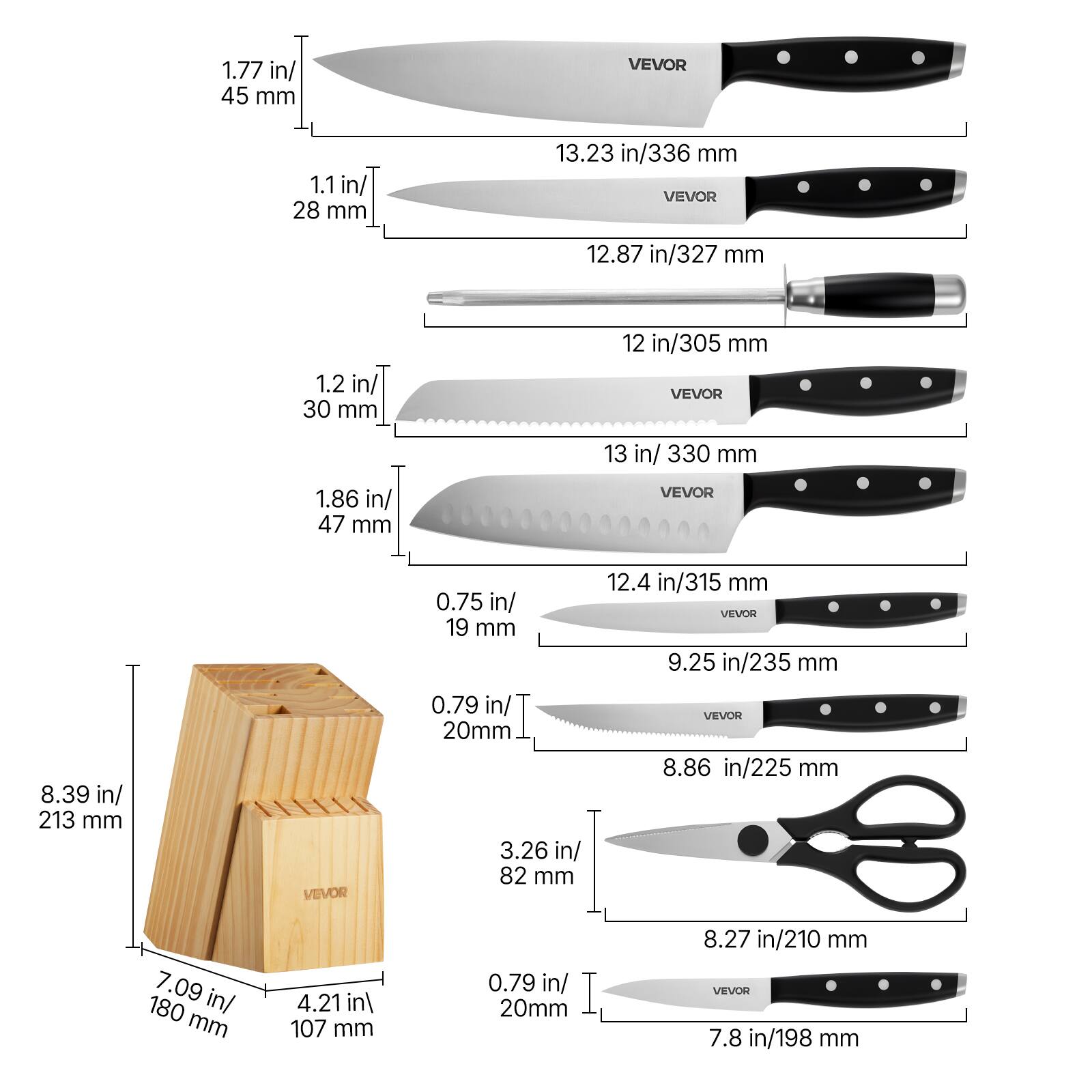 1.77 in/ 45 mm  
1.1 in/ 28 mm  
13.23 in/336 mm  
12.87 in/327 mm  
1.2 in/ 30 mm  
12 in/305 mm  
13 in/ 330 mm  
1.86 in/ 47 mm  
8.39 in/ 213 mm  
0.75 in/ 19 mm  
0.79 in/ 20mm  
3.26 in/ 82 mm  
12.4 in/315 mm  
9.25 in/235 mm  
8.86 in/225 mm  
7.09 in/ 180 mm  
4.21 in/ 107 mm  
0.79 in/ 20mm  
8.27 in/210 mm  
7.8 in/198 mm