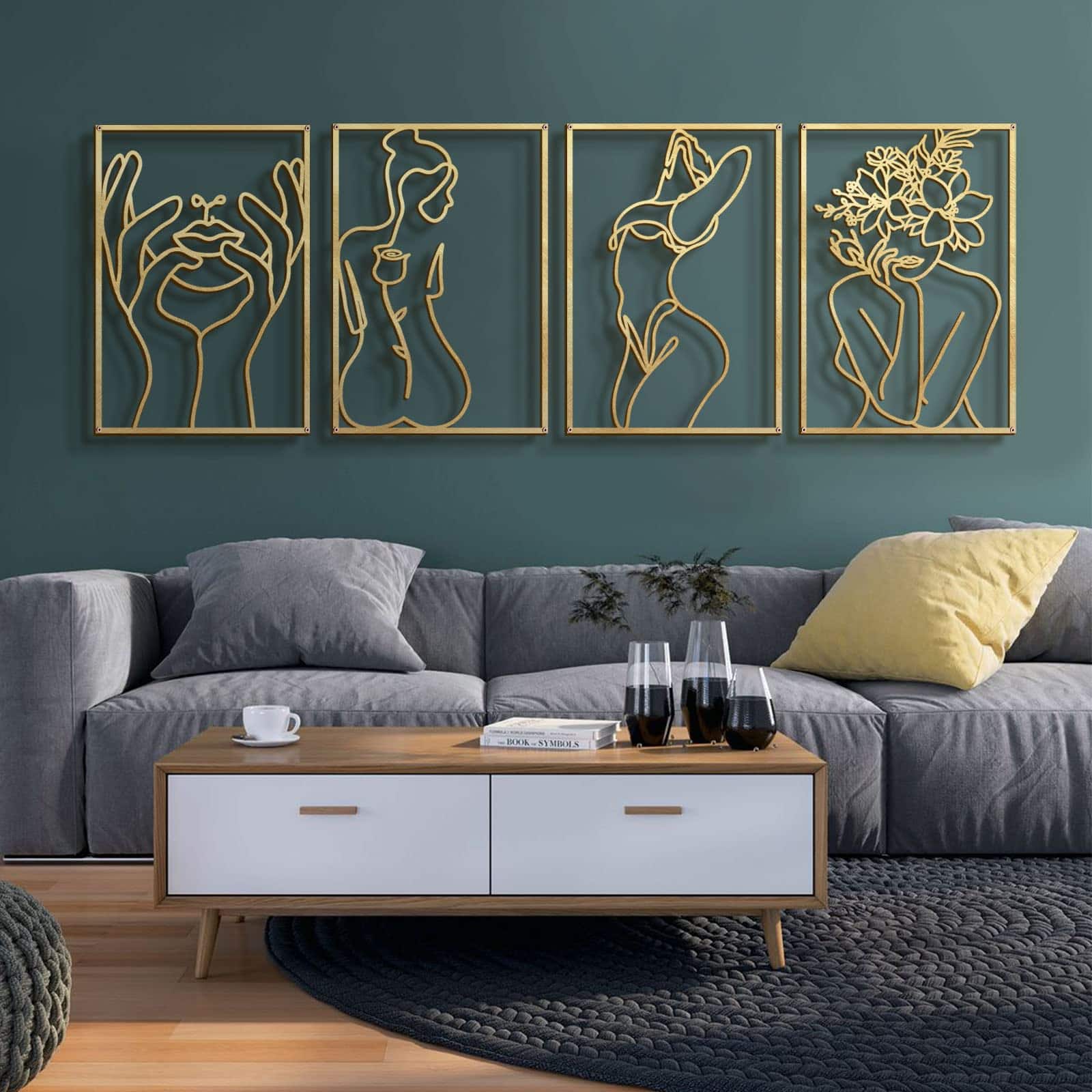 Fabibe - 4 Pack Gold Wall Art Decor, Minimalist Single Line Real Metal Wall Art, Woman's Body Shape Abstract Wall Art (Gold Class - Gold Classic Style M Size 17 x 11.8''