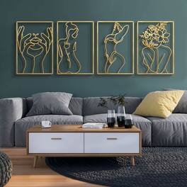 Fabibe - 4 Pack Gold Wall Art Decor, Minimalist Single Line Real Metal Wall Art, Woman's Body Shape Abstract Wall Art (Gold Class - Gold Classic Style M Size 17 x 11.8''