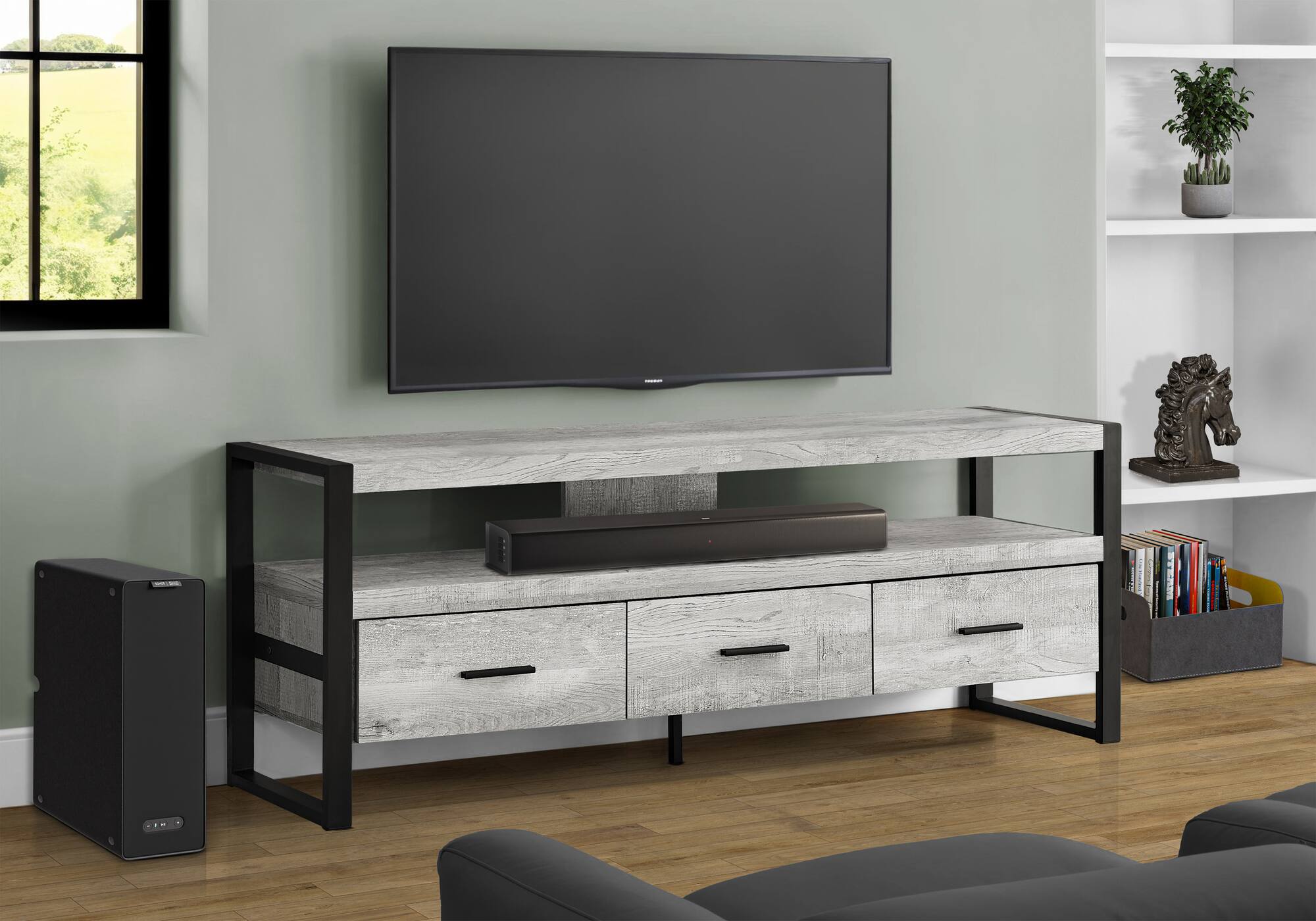 Front. Spaco - Spaco Modern TV Stand for TVs Up to 65 Inch, 60” Industrial Media Console, Laminate with 3 Storage Drawers - Grey.