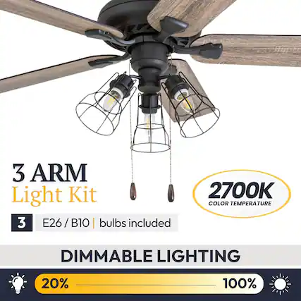 3 ARM Light Kit
3 E26/B10 bulbs included
2700K COLOR TEMPERATURE
DIMMABLE LIGHTING
20% - 100%