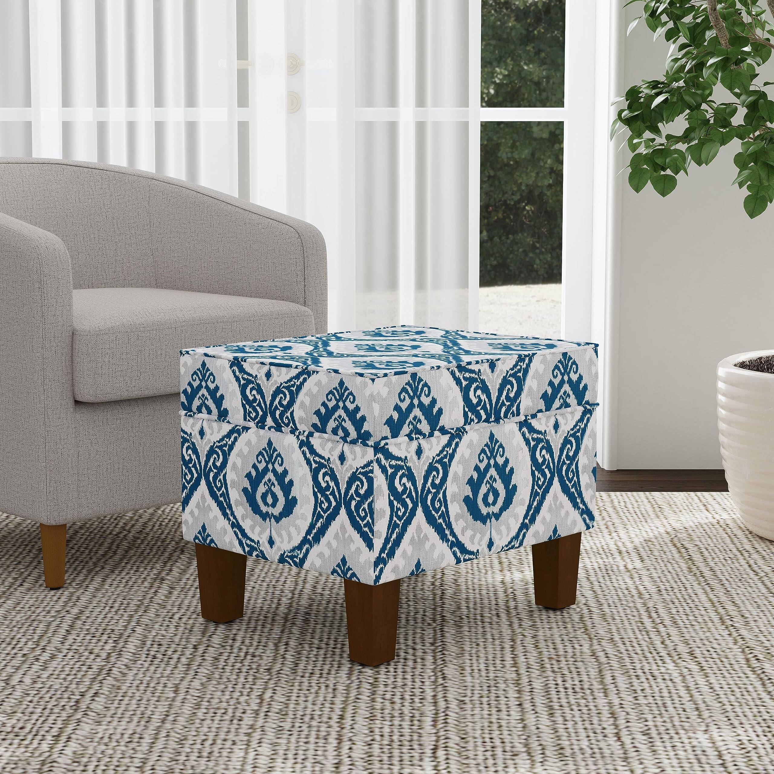 Left. Fabibe - Home Decor |K7646-A877| Upholstered Modern Rectangular Storage Ottoman | Hinged Lid Ottoman with Storage for Living... - Blue Trellis.