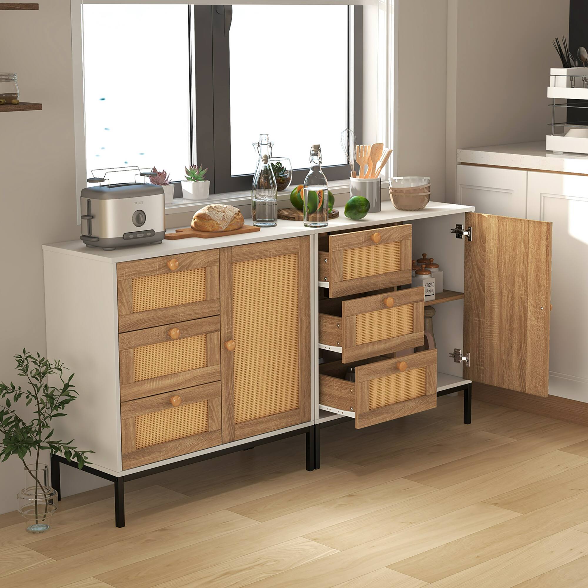 Alt View 3. Gymax - Gymax Set of 2 Rattan Sideboard Buffet Cabinet Accent Cabinet w/ 1 Door & 3 Drawers - White, Natural, Black.