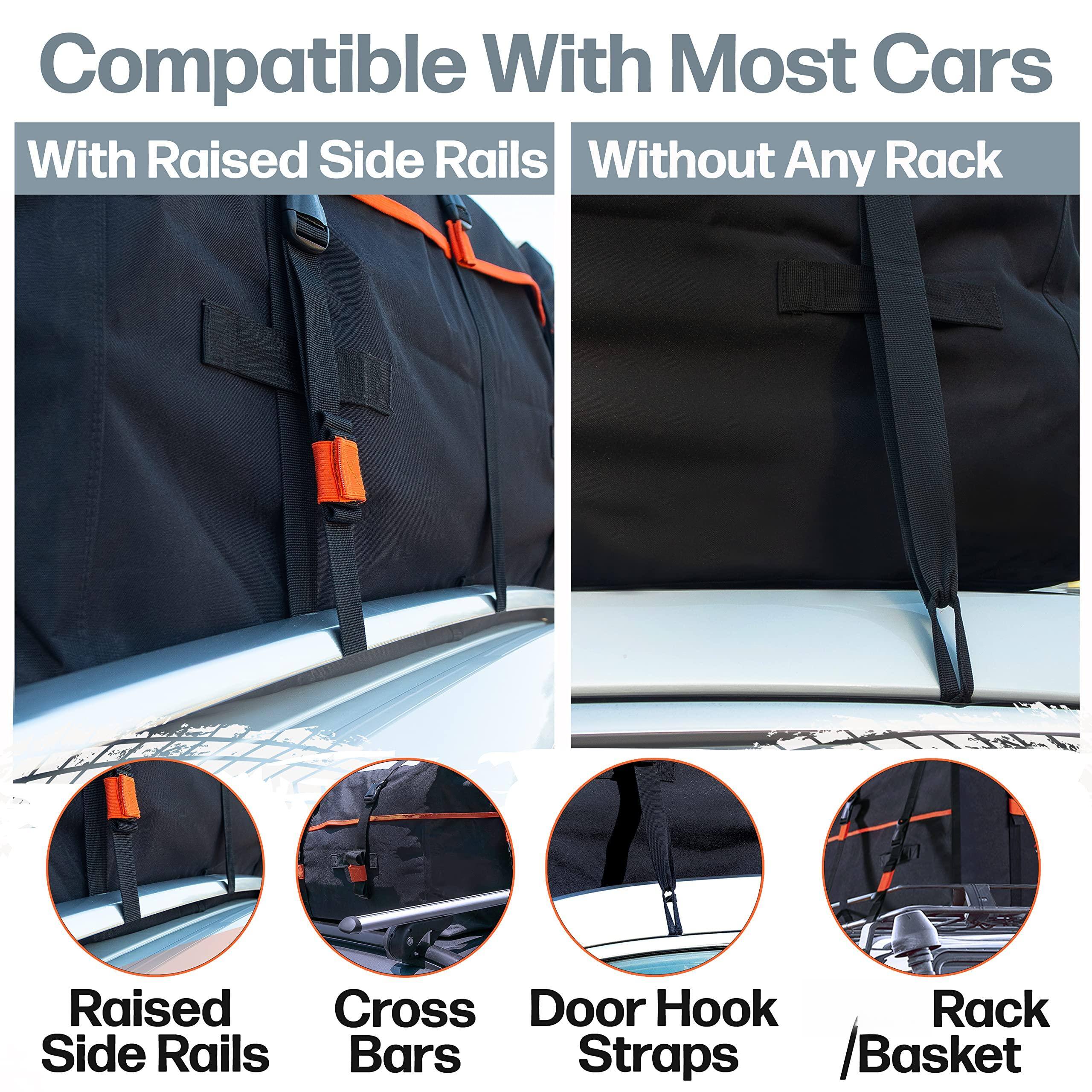 Compatible With Most Cars  
With Raised Side Rails  
Without Any Rack  

Raised Side Rails  
Cross Bars  
Door Hook Straps  
Rack / Basket