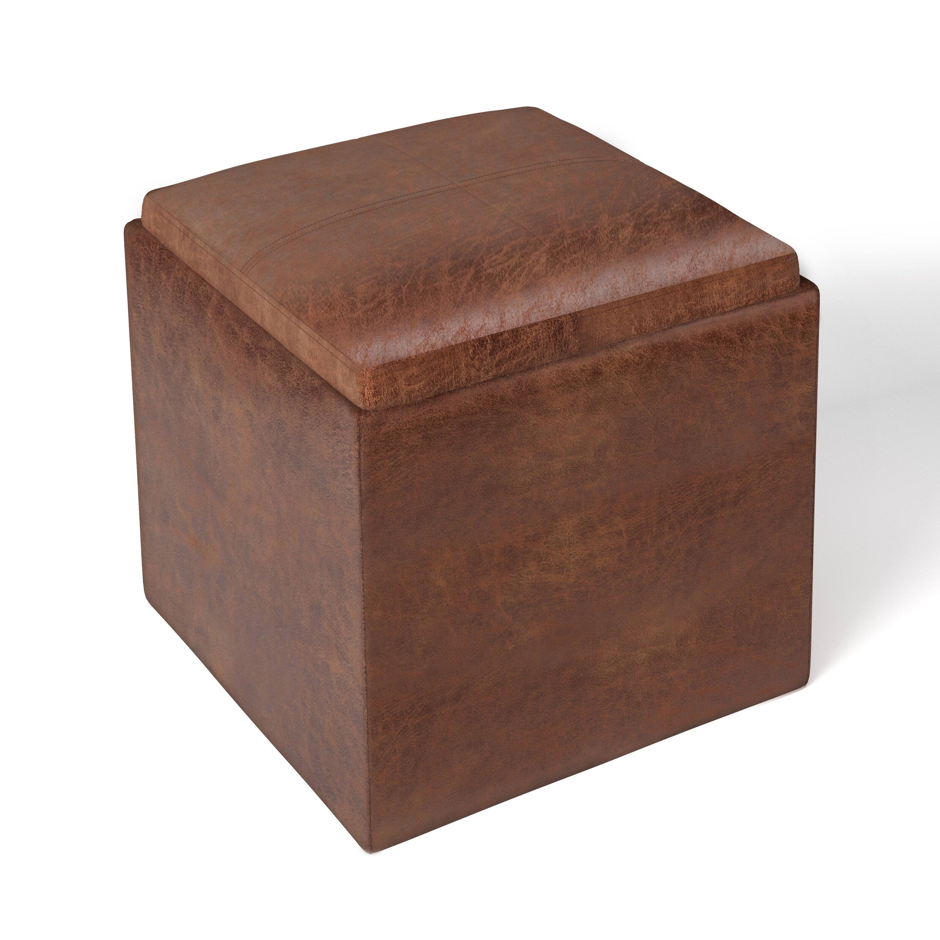 Front. Tiramisubest - Distressed Saddle Brown Cube Storage Ottoman with Flip Tray - Multi-Functional Seating & Storage - Brown.