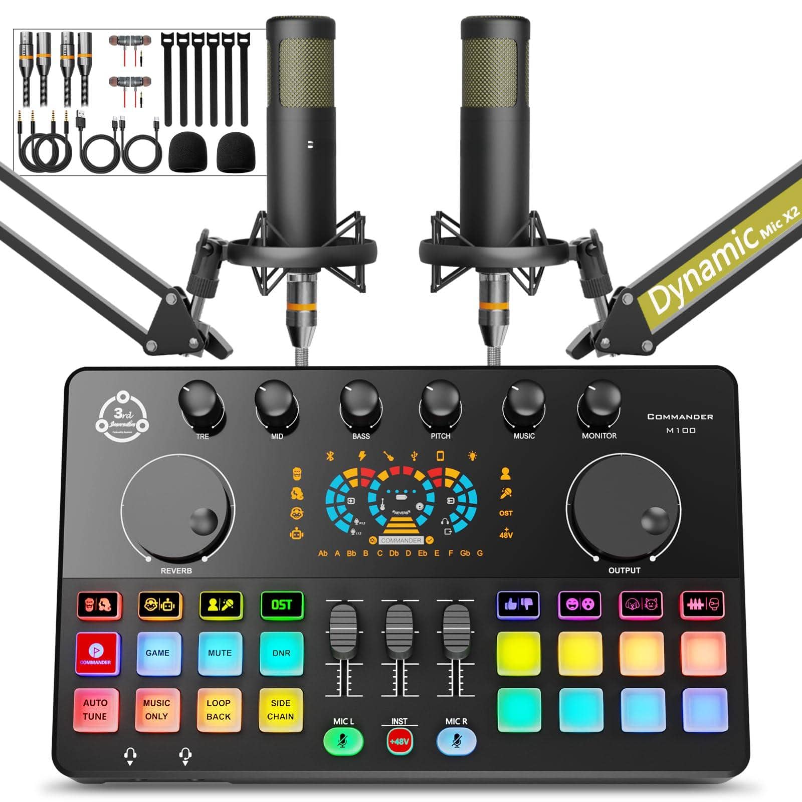 Earthley Blooms - Podcast Equipment Bundle For 2 Audio Mixer With Xlr Dynamic Microphone Voice Change Rgb Vocal Recording - HS-M100-2D