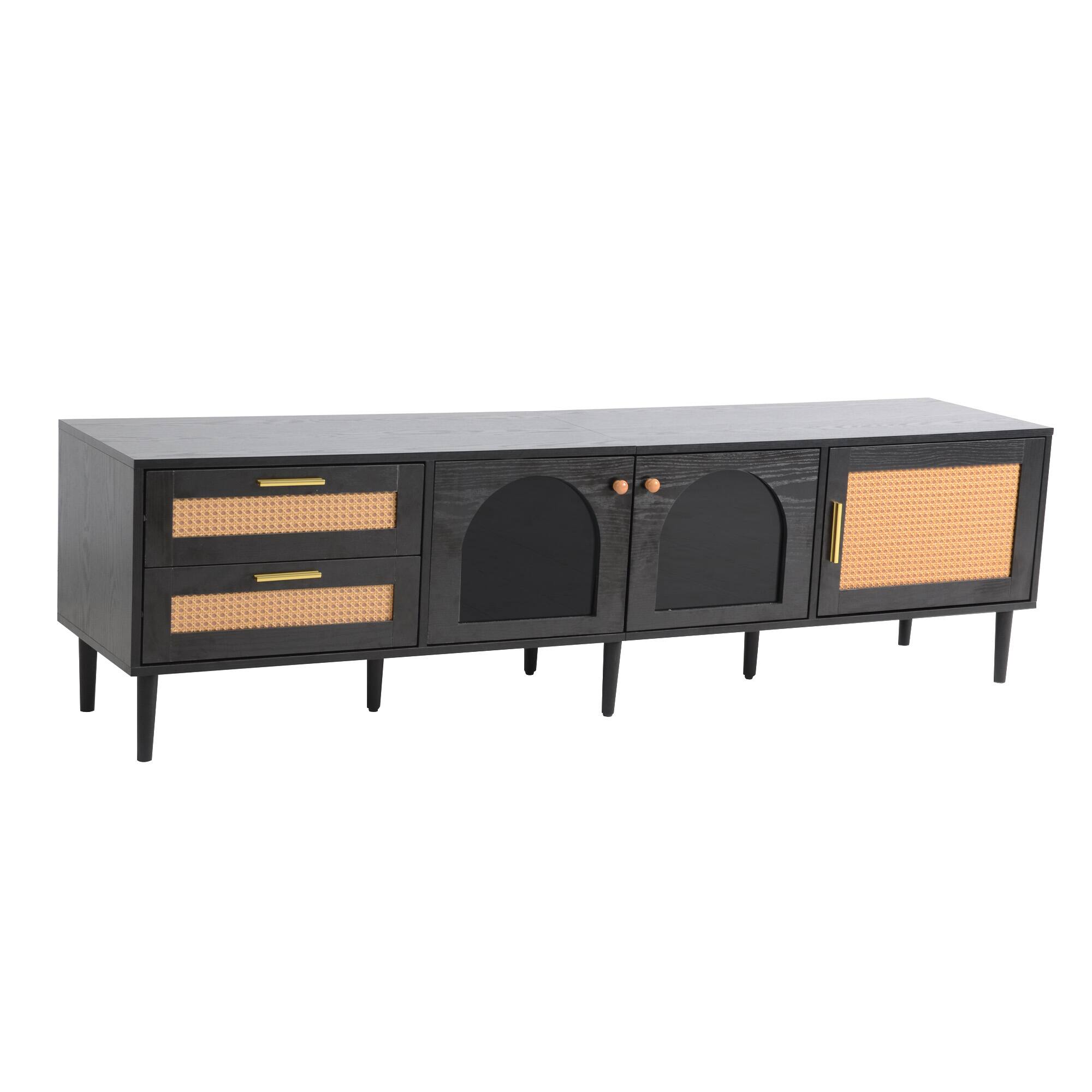 Angle. PexFix - LED TV Stand for 80" TVs, Rattan Media Console Entertainment Center with 3 Cabinets & 2 Drawers - Black.