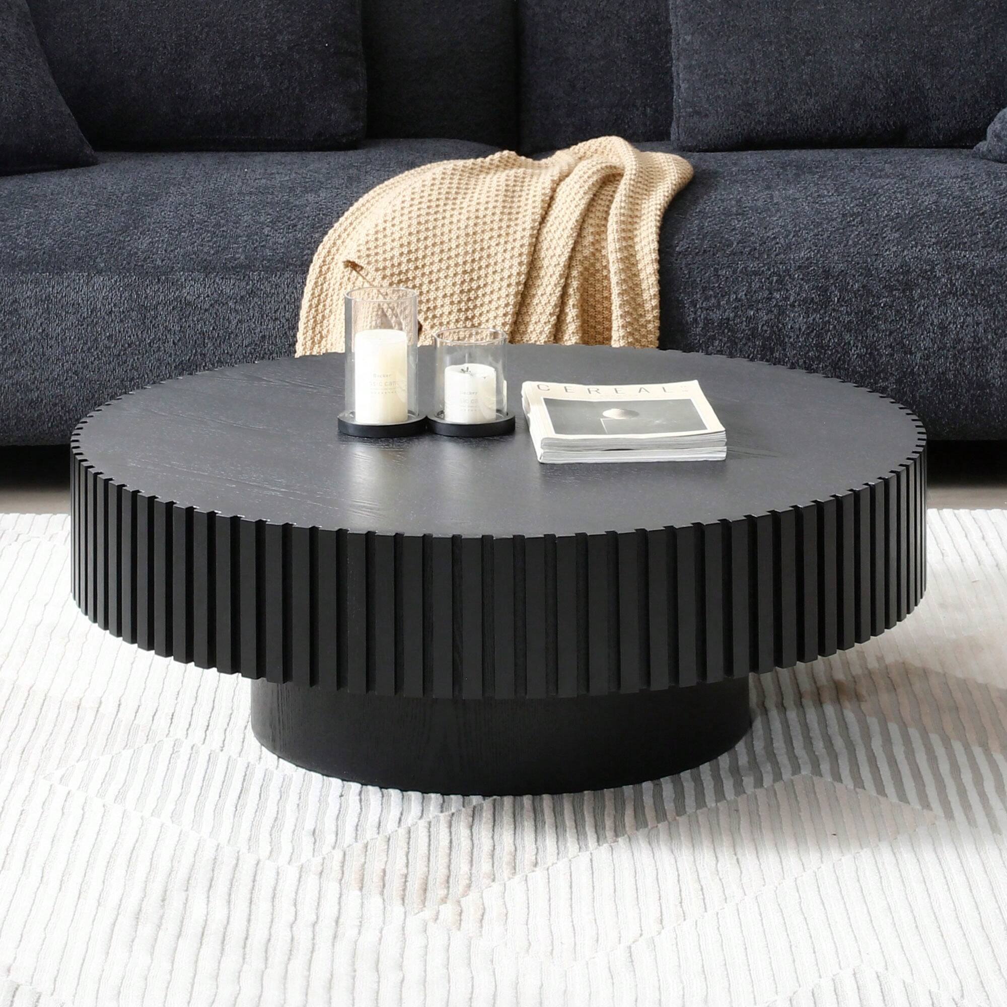 Back. Trinkets Crazed - 31.49" Round Coffee Table Wood, Circle Coffee Table,Drum Fluted Coffee Accent End Side Center Table - Black.