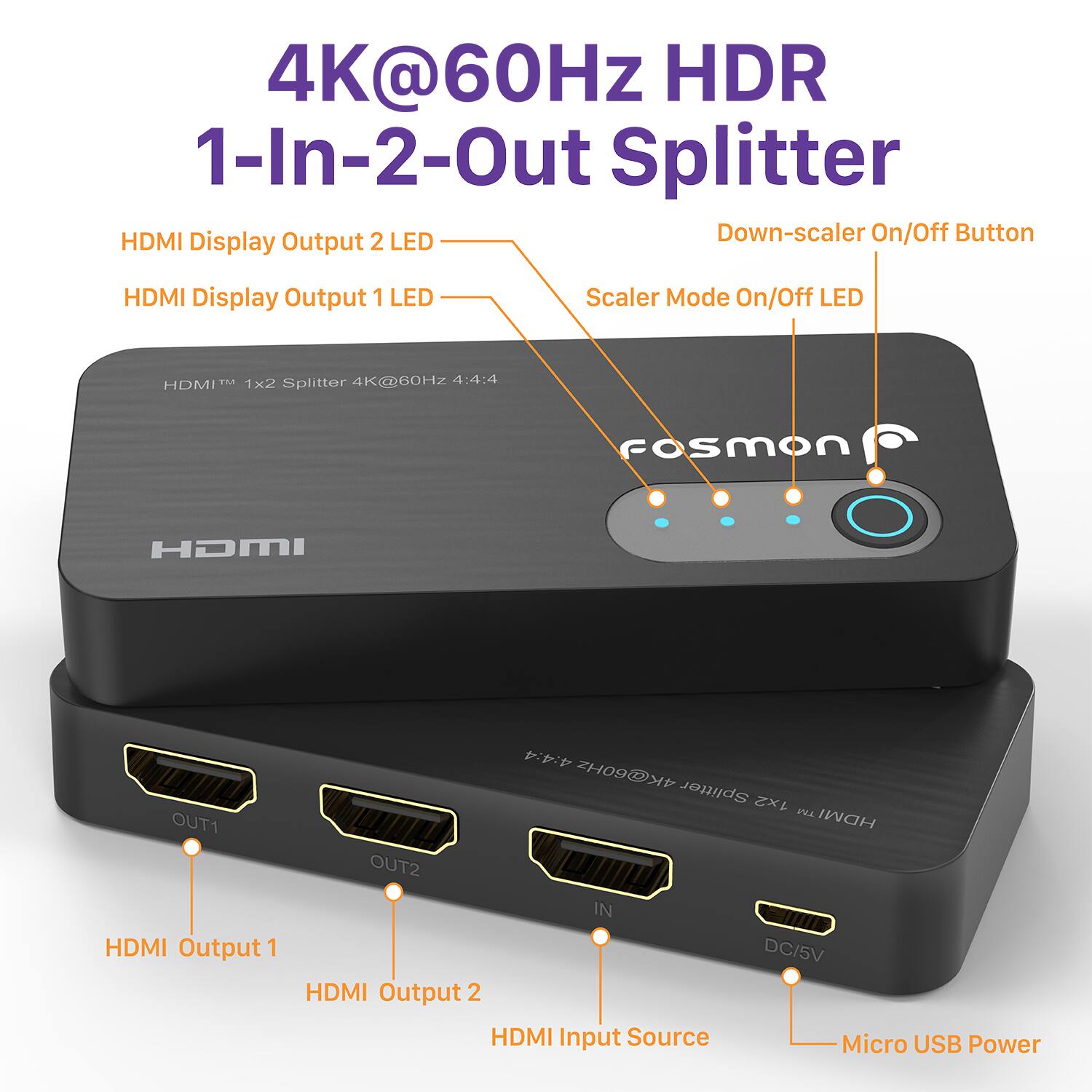 4K@60Hz HDR 1-In-2-Out Splitter
HDMI Display Output 1 LED
HDMI Display Output 2 LED
Down-scaler On/Off Button
Scaler Mode On/Off LED
HDMI 1x2 Splitter 4K@60Hz 4:4:4
Fosmon HDMI
OUT1 HDMI Output 1
OUT2 HDMI Output 2
IN HDMI Input Source
DC/5V Micro USB Power