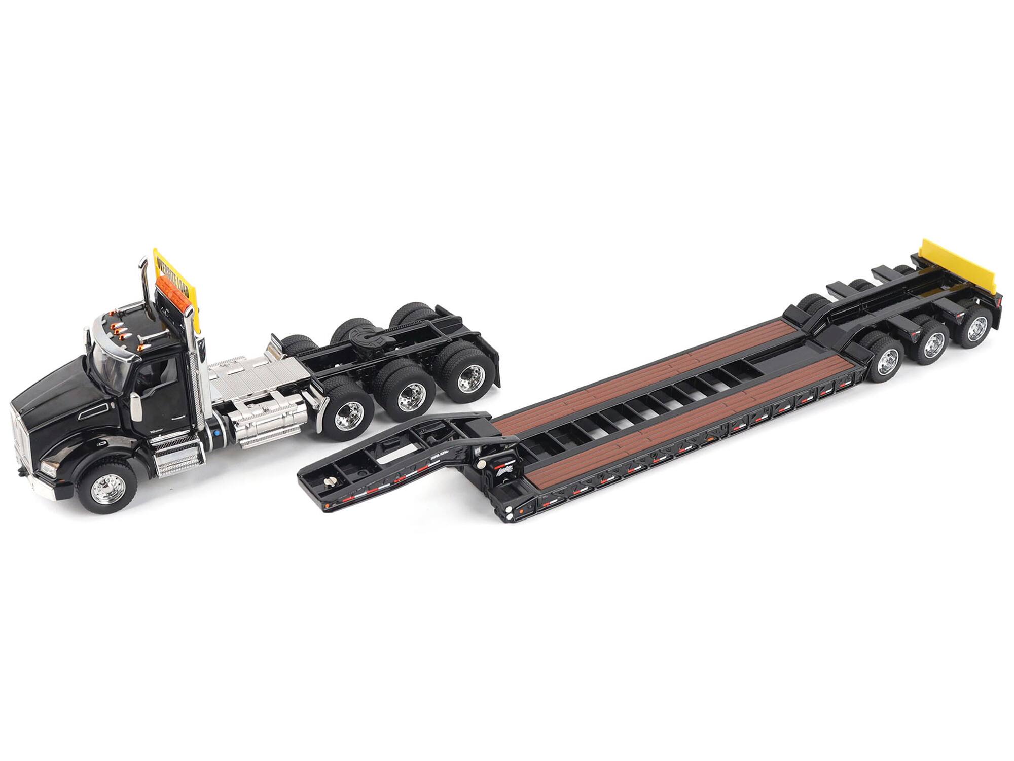 Left. Diecast Masters - Kenworth T880 SBFA Tridem Truck with Trail King HDG Lowboy Trailer Black "Transport Series" 1/50 Diecast - Multicolor.