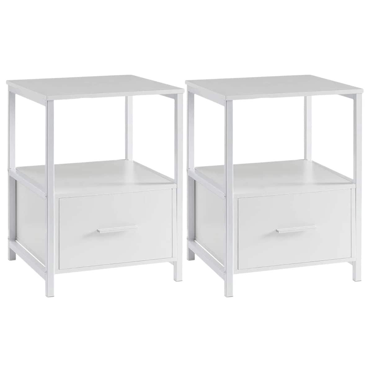 SlickBlue - Modern End Tables with Drawers, Set of 2 Wood and Metal Nightstands - White