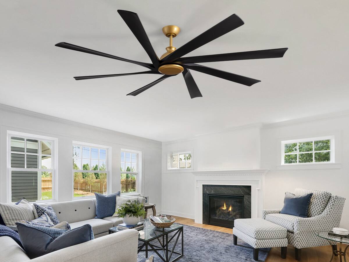 Angle. Siljoy - 8-Blade Real Wood Ceiling Fan (Gold & Black) - No Light (for Bedroom, Living Room, Kitchen) - Gold and Black.