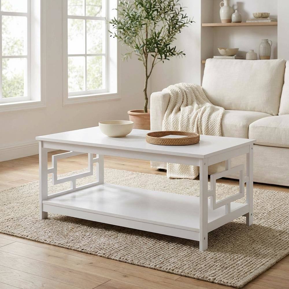 Back. FurniFact - White Coffee Table with Shelf MDF Construction Multiple Finishes Available - White.