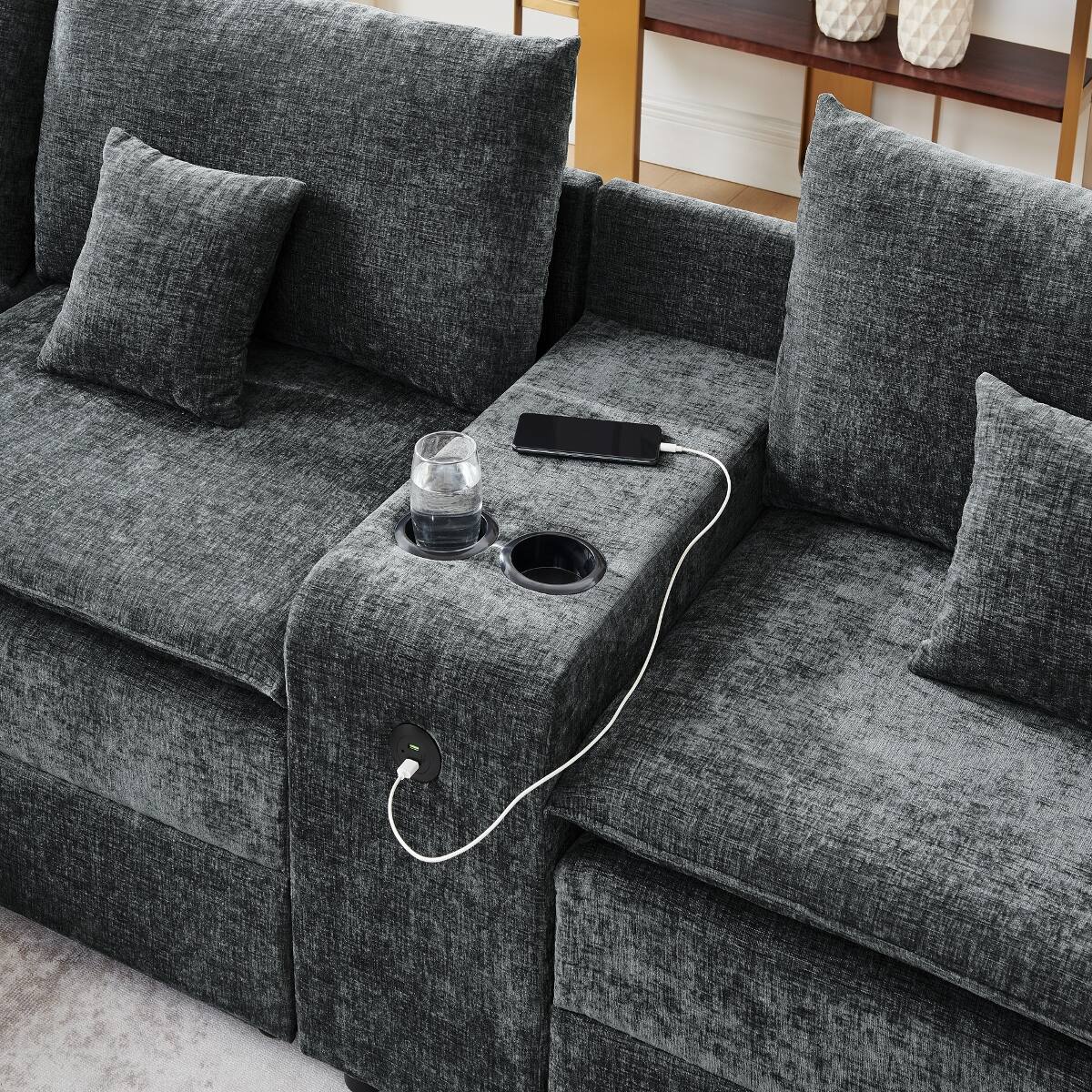 Alt View 3. Ropilly - Ropilly U Shaped Modular Sectional Sofa, Black Chenille Center Console Sectional for 6 Seat Living Room - Black.