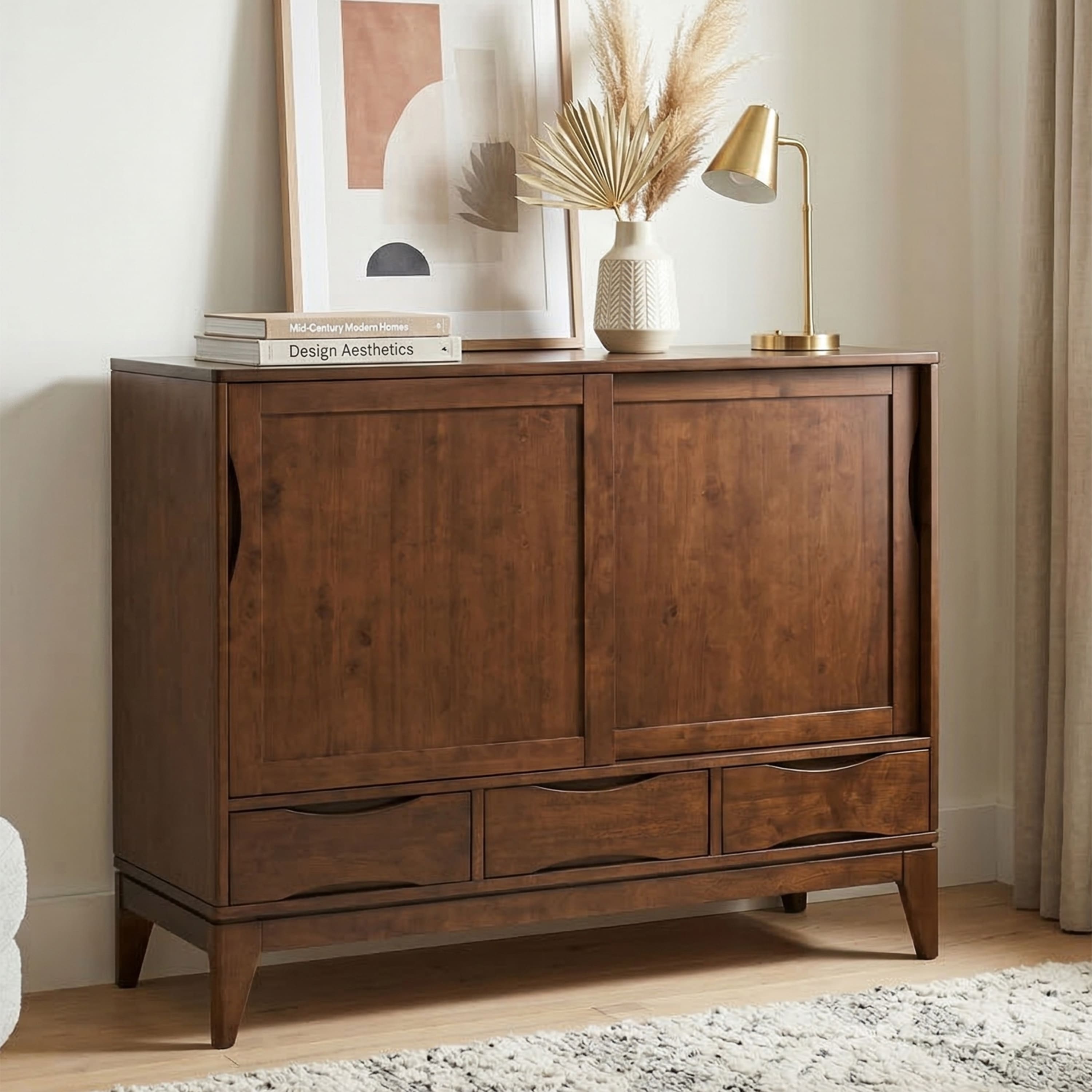 Simpli Home - Harper 48 inch Wide Solid Hardwood Mid-Century Modern Medium Storage Cabinet - Walnut Brown