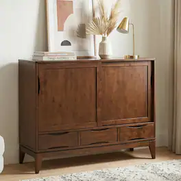 Simpli Home - Harper 48 inch Wide Solid Hardwood Mid-Century Modern Medium Storage Cabinet - Walnut Brown