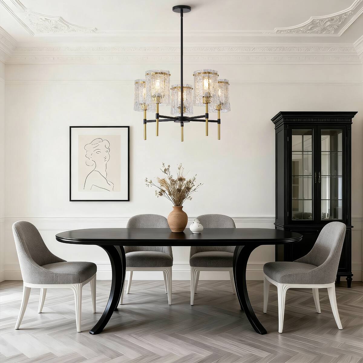 Back. Loheer - Loheer Five Light Black and Gold Chandelier With Textured Glass for Dining Room.