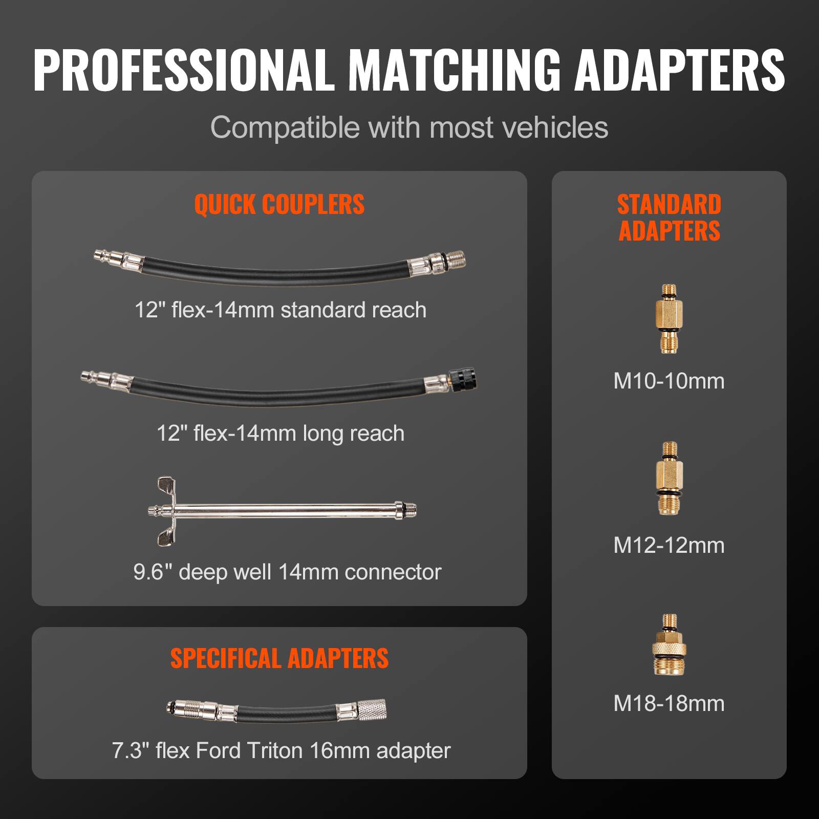 PROFESSIONAL MATCHING ADAPTERS  
Compatible with most vehicles

**QUICK COUPLERS**  
- 12" flex-14mm standard reach  
- 12" flex-14mm long reach  
- 9.6" deep well 14mm connector  

**STANDARD ADAPTERS**  
- M10-10mm  
- M12-12mm  
- M18-18mm  

**SPECIFIC ADAPTERS**  
- 7.3" flex Ford Triton 16mm adapter