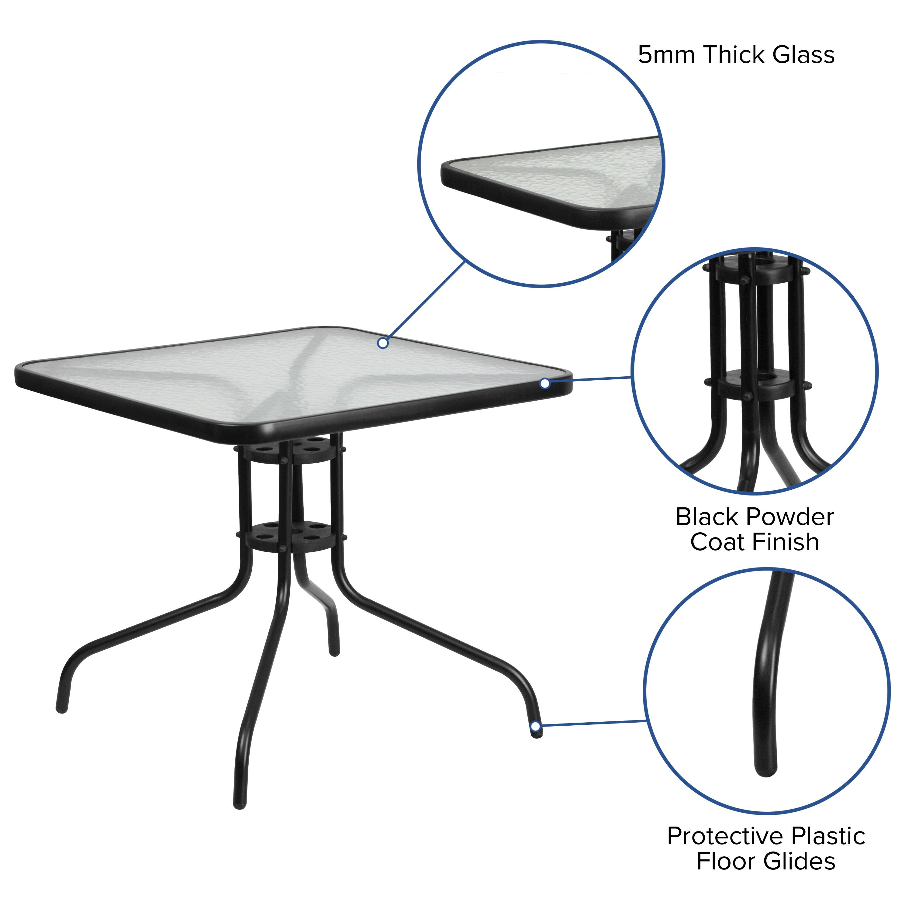 5mm Thick Glass  
Black Powder Coat Finish  
Protective Plastic Floor Glides