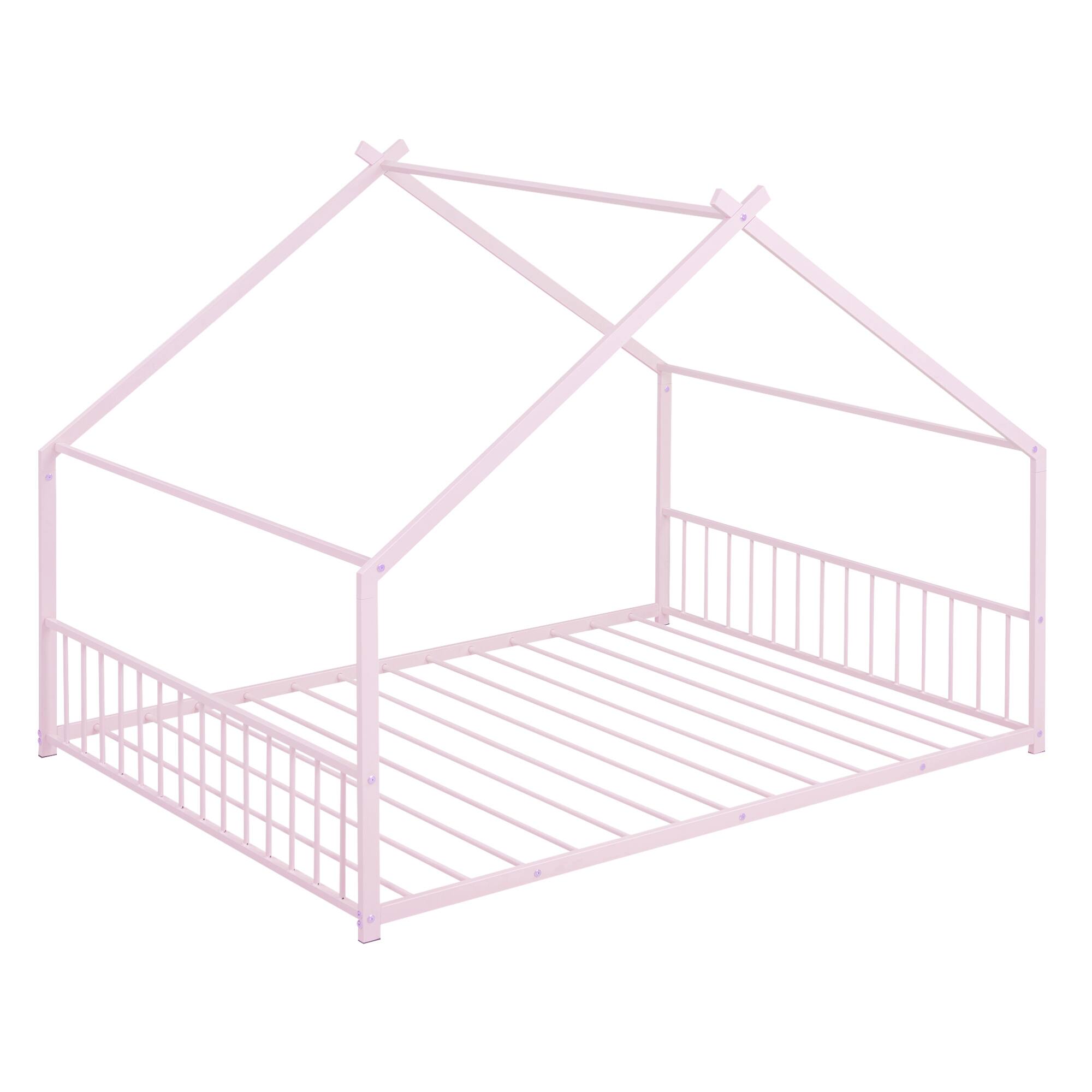 Alt View 4. GOODSILO - Full Size Metal House Bed with Playhouse Roof Design for Kids Room Furniture and Sleep Space - Pink.