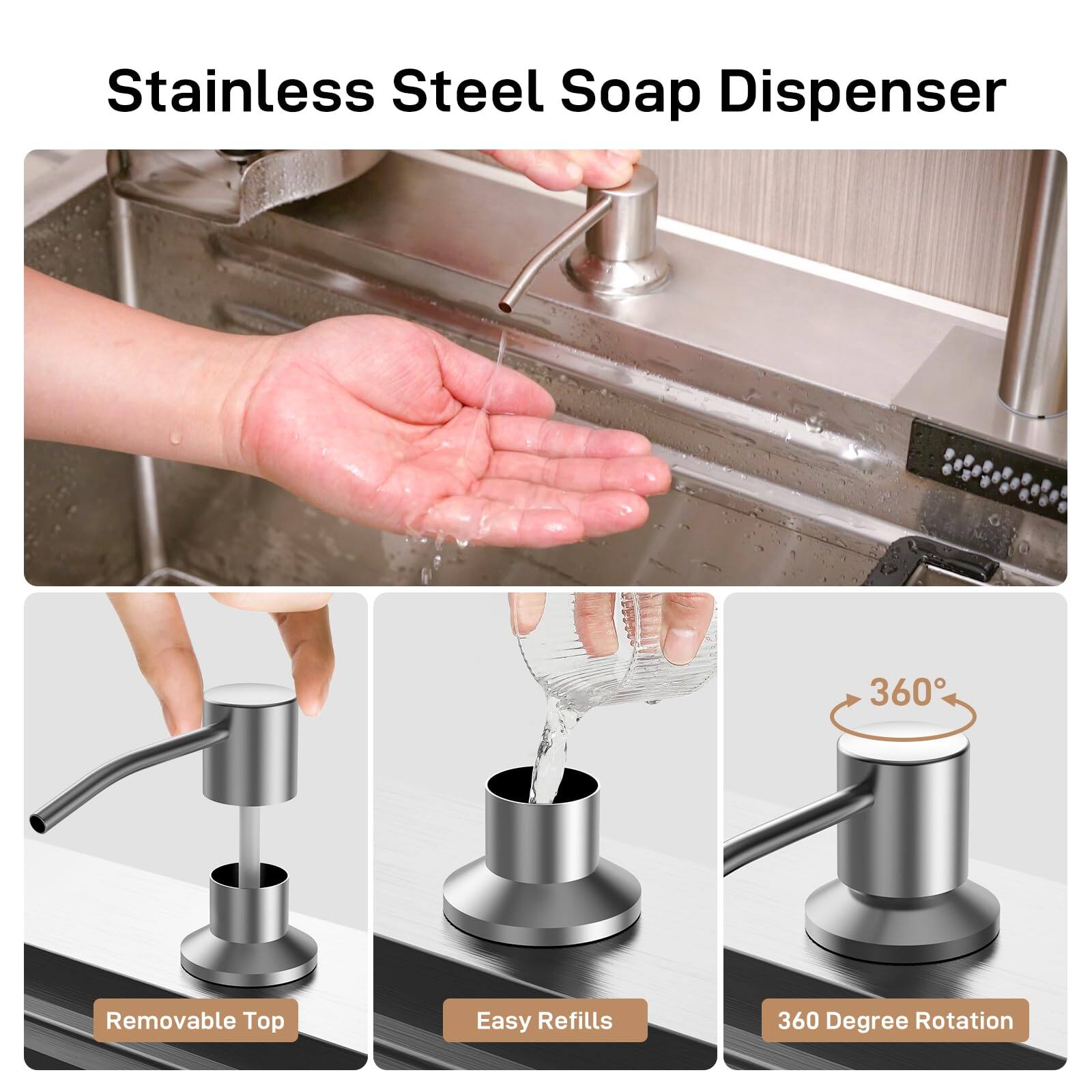 Stainless Steel Soap Dispenser

- Removable Top
- Easy Refills
- 360 Degree Rotation