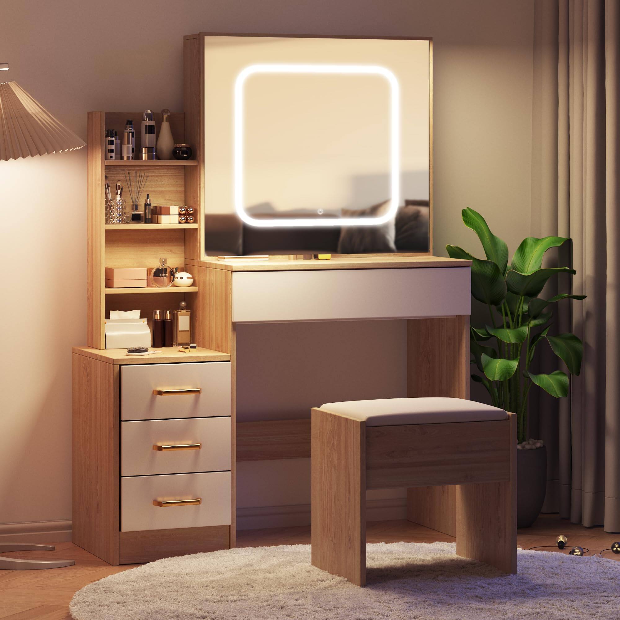 Alt View 3. Jojoka - Vanity Desk with Mirror & LED Lights, Makeup Vanity with Sliding Mirror, Power Outlet, 4 Drawers & Stool - Natural.
