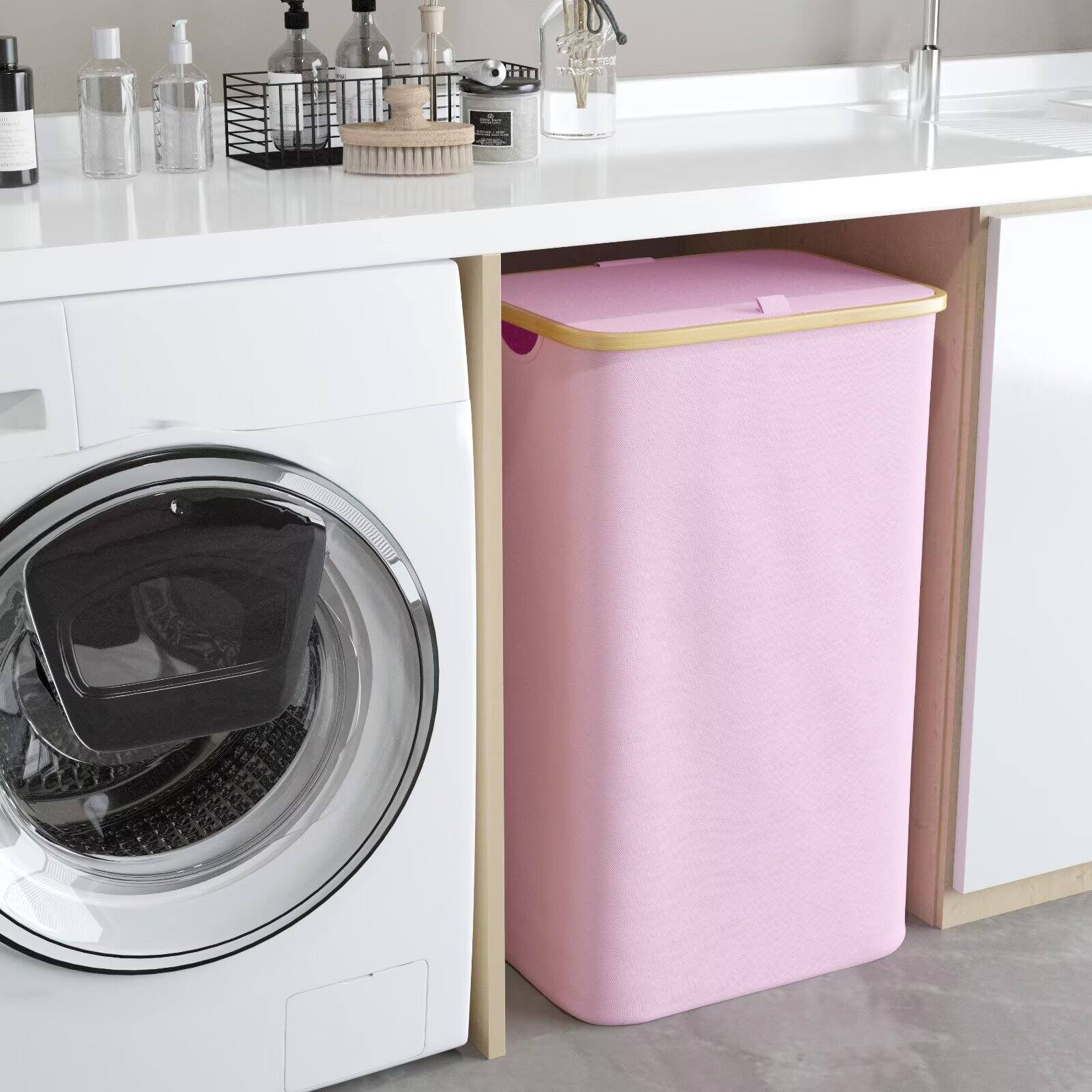 Alt View 1. Tooloton - Large 110L Collapsible Laundry Hamper with Lid and Bamboo Handles, Tall Clothes Basket in Pink - Pink.