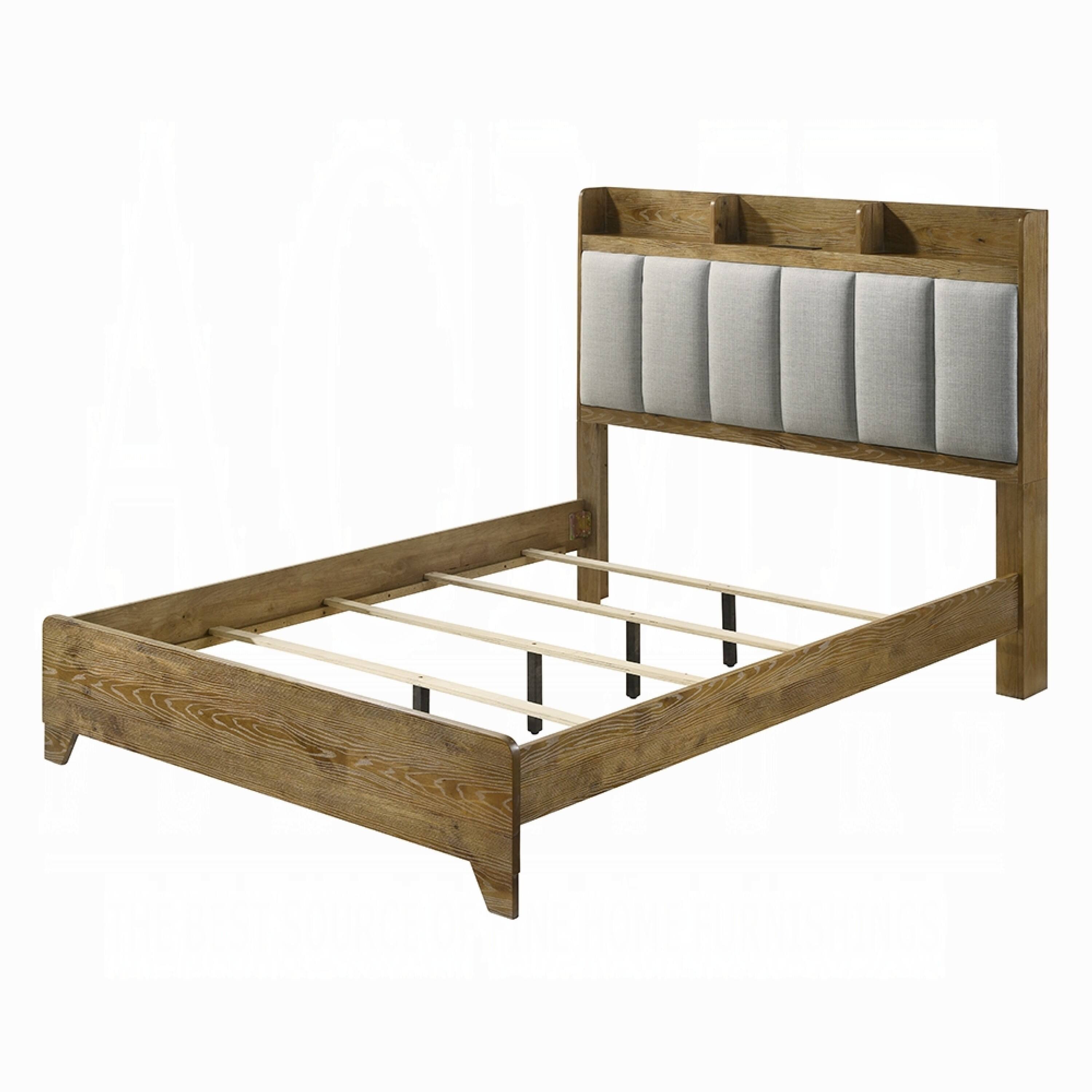 Front. Manhattan Lane - Gary Queen Size Bed with Tufted Headboard and USB Ports, Aspen Brown Wood - Light Aspen Brown, Gray.