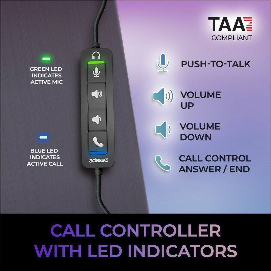 TAA COMPLIANT

GREEN LED INDICATES ACTIVE MIC

PUSH-TO-TALK

VOLUME UP

VOLUME DOWN

BLUE LED INDICATES ACTIVE CALL

CALL CONTROL ANSWER / END

CALL CONTROLLER WITH LED INDICATORS