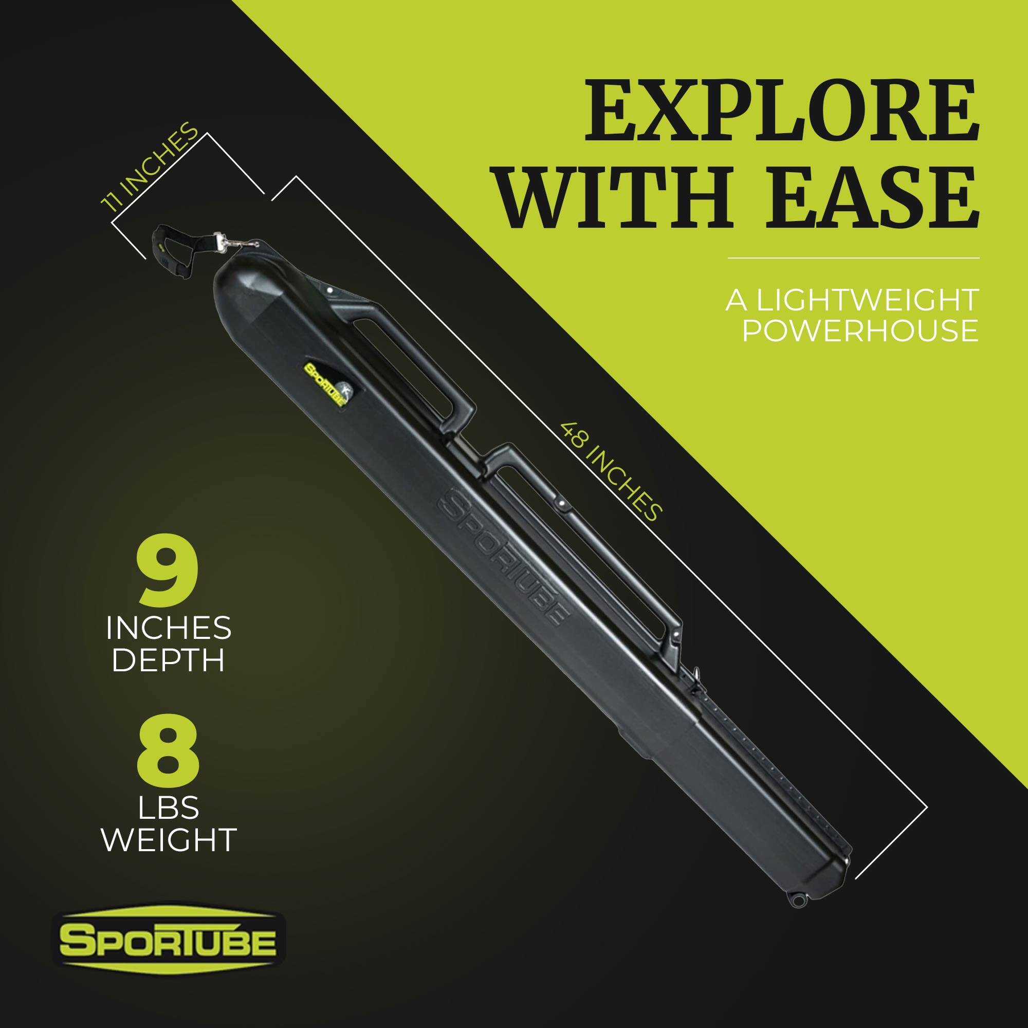 Sure, here is the corrected and grouped text from the image:

---

**EXPLORE WITH EASE**

**A LIGHTWEIGHT POWERHOUSE**

- **11 INCHES** (Width)
- **9 INCHES** (Depth)
- **8 LBS** (Weight)
- **48 INCHES** (Length)

**SPORTUBE**